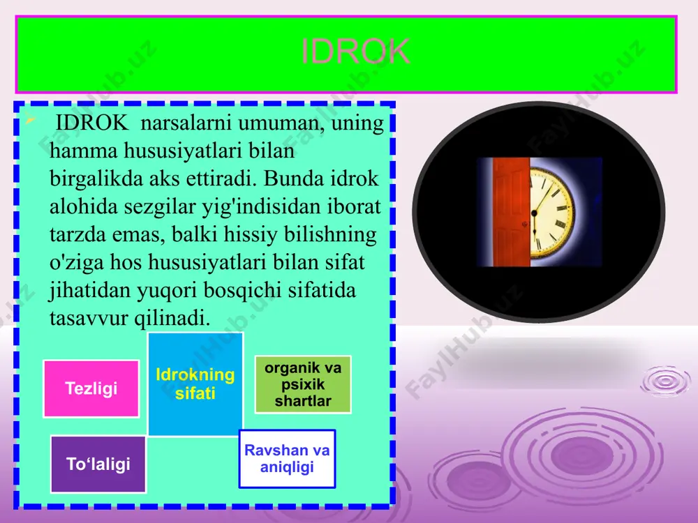 ichik, o`rtacha deyiladi. fazodagi munosabatlariga qarab bizga nisbatan yaqin yoki uzok, bizdan o`ng tomonda yoki chap tomonda, yuqorida yoki pastda deyiladi. fazoni ko‘z bilan ko‘rib idrok qilishning o‘sishida teri sezgilari va muskul-harakat organlari katta rol o‘ynaydi. ko‘r bo‘lib tug‘ilgan, ammo tegishli operatsiyadan keyin ko‘zi ochilgan odamlarning fazoni qanday idrok qilishlarini tekshirish natijalari bunga dalil bo‘la oladi. , , 13 fazoni idrok qilish operatsiyadan so‘ng ko‘zi ochilgan yana bir odamga yog‘ochdan yasalgan, har ikkalasi ham bir xil bo‘yalgan va diametri teng shar bilan kub ko‘rsatganlar. u odam bu narsalarning turli uyumlar ekanini ko‘rib tursa ham, lekin ularni bir-biridan aniq farq qila olmagan: qaysisi dumaloq va qaysisi burchakli ekanini aniq aytib bera olmagan. yana shu odamga shar bilan bir xil kattalikdagi doiraning, kub bilan bir xil kattalikdagi to‘rtburchakning yassi shaklini yonma-yon qo‘yib ko‘rsatganlarida, ularni bir-biridan farq qila olmagan, faqat paypaslab ko‘rganidan keyin sharni doiradan va kubni to‘rtburchakdan ajratgan. , , 14 vaqtni …