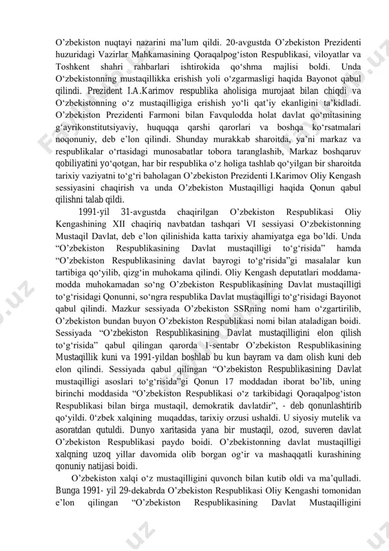 ‘ysunuvchi davlat korxonalari, muassasalari va tashkilotlarini o’zbekiston ssr huquqiy tobeligiga o’tkazish to‘g‘risida” qaror qabul qildi. 1991-yil 19 - 21 avgust kunlari sobiq ittifoqni saqlab qolishga tish-timog‘i bilan harakat qilgan qora kuchlar1 moskvada harbiy to‘ntarish qilib, hokimiyatni qo’lga olish maqsadida gkchp - favqulodda holat davlat qo‘mitasini tuzib, amalda o‘zlarining demokratiya, oshkoralik, jamiyatni yangilash, islohotlarga, umuman xalqqa qarshi ekanliklarini ko‘rsatdi. ular ittifoqda yashovchi barcha xalqlarga mustaqillik bermaslikka, mamlakatdagi parokandalikdan foydalanib qolishga urinishdi. 1991-yil avgust voqealari( 1 bular: sssr vitse-prezidenti g.yanayev, ministrlar soveti raisi v.pavlov, kgb rahbari v.kryuchkov, mudofaa vaziri d.yazov, ichki ishlar vaziri b.pugo va boshqa yuqori lavozimdagi mas’ul partiya va davlat arboblari edi.) amalda sssrning chuqur tanazzuli edi. mamlakatdagi demokratik kuchlar gkchp faoliyatiga chek qo‘yib, hukmron partiya - kpss faoliyati to‘xtatildi. o’zbekiston rahbariyati mavjud ijtimoiy-siyosiy vaziyatni saqlash, respublika hududida favqulodda holat joriy etilishiga, konstitutsiyaga qarshi davlat to‘ntarilishini qo‘llab-quwatlash yo‘lidagi ig‘vokorona harakatlarga uchmaslik uchun o‘zlarining butun imkoniyatlaridan foydalandilar. 0‘sha paytda o’zbekiston rahbari …