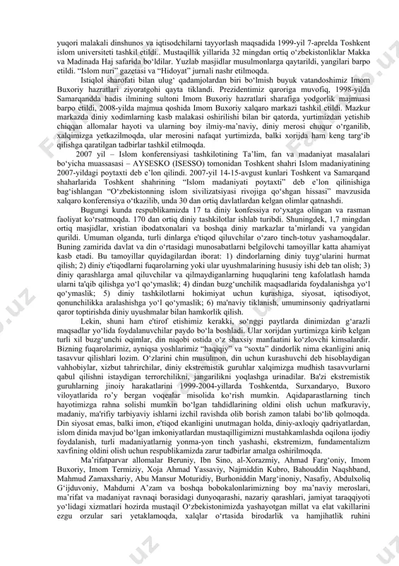 br oyida mirzo ulug‘bek tavalludining 600 yillik yubileyi o‘tkazildi. ulug‘bek madrasasi, ulug‘bek yashagan davrdagi astronomik asboblar, toshkentdagi ulug‘bek haykali aks etgan pochta markalari muomalaga chiqarildi. o‘sha yil 24-oktabrda parijda yunesko zalida «ulug‘bek va temuriylar davri» mavzusida xalqaro konferensiya hamda «ulug‘bek va an’anaviy san’at» ko‘rgazmasi bo‘lib o‘tdi. bu tadbirlar mirzo ulug‘bek qoldirgan ilmiy merosning umuminsoniy qadriyatga molik ekanligini yana bir bor isbot etdi. 1998-yil 23-oktabrda farg‘onada buyuk alloma ahmad al-farg‘oniyning 1200 yillik yubileyi nishonlandi. uning noyob ilmiy merosi xalqimizga qaytarildi. farg‘ona shahrida al-farg‘oniy bog‘i yaratildi va buyuk allomaga haykal o‘rnatildi. atoqli ma’rifatparvar allomalarimizning ijodiy meroslarini tadqiq etish va hozirgi zamon o‘zbek tiliga ko‘chirish va nashr etish ishlari amalga oshirildi. tarixiy adolat qaror topib, xorazmda ma’mun akademiyasi qayta tiklandi. zero, buyuk vatandoshlarimiz bo‘lmish olim-u fuzalo va mutafakkirlarning boy madaniy merosini o‘rganish va targ‘ib qilishni yo‘lga qo‘yish hozirgi jamiyatimiz uchun g‘oyaviy jihatdan yetuk, ilmli, barkamol milliy kadrlarni yetishtirishni ta’minlashga ko‘mak berishi bilan ham …