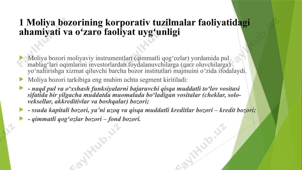 ʻlarini jalb qilish uchun qimmatli qogʻozlar emissiyasi; 2. korporativ qimmatli qogʻozlar emissiyasi hisobiga jalb qilingan pul mablagʻlari; 3. harakatdagi aktivlarga pul mablagʻlari; 4. davlat foydasiga soliqlar va majburiy ajratmalar; 5. investorlar va kreditorlarga toʻlanadigan dividendlar va foizlar; 6. soliqlar toʻlangandan soʻng korporatsiya aktivlariga reinvestitsiya qilinadigan foizlar va dividendlarning bir qismi; 7. moliyaviy vositachilarga toʻlanadigan komission mukofotlar. korporatsiyalar va moliya bozori oʻrtasidagi pul oqimlari moliya bozorida qimmatli qogʻozlari bozori birlamchi va ikkilamchi boʻlishi mumkin. “birlamchi bozor” atamasi davlat yoki korporatsiya tomonidan qimmatli qogʻozlarni birlamchi savdosini anglatadi. ikkilamchi bozor esa dastlabki realizatsiyadan keyin moliyaviy instrumentlar qayta oldisotdi qilinadigan bozor hisoblanadi. aksiyalar korporatsiyalar tomonidan muomalaga chiqariladi. qarz munosabatli qimmatli qogʻozlar esa korporatsiyalardan tashqari davlat tomonidan ham emissiya qilinadi. moliya bozori davlat tomonidan boshqaruv obyekti boʻlib hisoblanadi. boshqaruv obyekti sifatida moliya bozori quyidagi parametrlarga koʻra tavsiflanadi: - bozor sigʻimi va kon’yunkturasi; - moliyaviy instrumentlar boʻyicha balanslashtirilgan talab va taklif; - qimmatli qogʻozlar realizatsiyasi shartlari; …