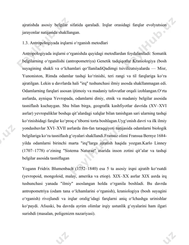 lyutsion jarayonlar va geografik izolyatsiya natijasidir.evolyutsion asoslarinson evolyutsiyasi davomida turli mintaqalarda yashovchi guruhlar uzoq vaqt davomida o‘zaro cheklangan aloqa sharoitida yashagan. har bir guruh mahalliy ekologik sharoitlarga moslashgan holda o‘ziga xos tashqi va ichki xususiyatlarni rivojlantirgan. masalan:issiq va quyoshli hududlarda yashovchilar qoramtir teri rangiga ega bo‘lib, bu ultrabinafsha nurlanishdan himoya qiladi.sovuq iqlimdagi aholi esa och rangli teriga ega bo‘lib, quyosh nurlaridan maksimal darajada foydalana olish uchun moslashgan. genetik farqlar genetik tadqiqotlar shuni ko‘rsatadiki, inson populyatsiyalari orasida mavjud farqlar asosan allellarning (genlarning variantlari) taqsimlanishida namoyon bo‘ladi. shu bilan birga genetik farqlar umumiy insoniy genetik fondining atigi 0,1% ini tashkil qiladi, ya'ni odamlarning genetik jihatdan o‘xshashligi 99,9% ni tashkil etadi.irqiy farqlar asosan fenotipik belgilarda (tashqi ko‘rinishda) ifodalanadi, ichki biologik funksiyalarda esa farqlar minimal darajada.tashqi morfologik belgilar irqlar orasidagi biologik tafovutlar quyidagi tashqi belgilar orqali ko‘zga tashlanadi:teri rangi: quyosh nurlanishiga moslashuv natijasida shakllangan.soch shakli: sochlarning to‘g‘ri, jingalak yoki burishganligi ham iqlimga moslashuv bilan …