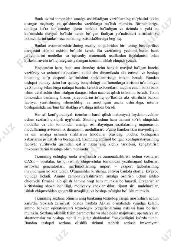 tomatlashtirilgan bank tizimlari faoliyat yuritishining ajralib turuvchi alomati katta hajmdagi ma’lumotlarni g’oyatda qisqa muddatlarda ishlab chiqish zarurligidir, bu unumdorlik oldiga talablar qo’yadi. bunda asosiy ma’lumotlarni kiritish, o’qish, yozish va uzatish operatsiyalarini ko’zda tutadi. bularning barchasi mbbtning unumdorligiga va ma’lumotlarni uzatishni ta’minlovchi vositalar oldiga g’oyat qat’iy talablar qo’yadi. bundan tashqari axborotlarning katta hajmlarini tahlil qilish, bashoratlash va nazorat qilish imkoniyatlarini ta’minlash uchun bank mutaxassisining tezkor usulda kira olishi zarur. shuning uchun ham ushbu vositalar ma’lumotlarning katta va doimo o’sib boruvchi hajmlariga unumdorlikni yo’qotmasdan kirishni qo’llab-quvvatlashga qodir bo’lishi kerak. tizimga o’zi boruvchi yuklama sharoitlarida unumdorlikni qo’llab –quvvatlashni ko’pgina qudratliroq apparatli platformaga o’tish zarurligiga olib keladi. shuning uchun ham bazali vositalar amaliy tizimini yangi apparatli platformaga amaliy dasturiy ta’minlanishini hech qanday chuqur o’zgarishlarsiz ko’chirish imkoniyatini ta’minlashlari kerak. bazaviy vositalarda har xil dasturiy platformalar (netware, windows nt, unix va boshqalar)ni birlashtirish imkoniyatini va buning natijasida tizimni epchillik bilan kengayishi va o’sishini, uning yangi ish …
