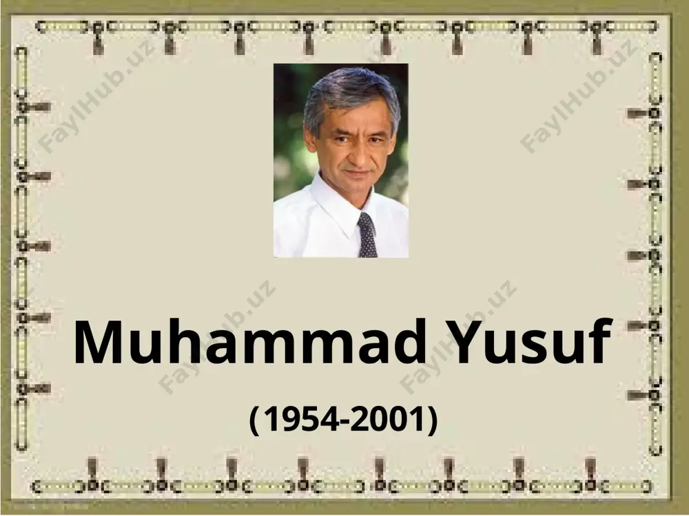 ad yusufning bevaqt o‘limi munosabati bilan sizga, oila a’zolaringizga, barcha yaqinlaringizga chuqur hamdardlik bildiraman. o‘g‘lingiz muhammadjon noyob iste’dod egasi, odamlarga mexribon, sofdil, mard va kamtarin inson edi. shu bois bu mudhish xabar shoirning ko‘plab do‘stlari va muxlislari kabi mening ham qalbimni larzaga soldi. uning yorqin xotirasi barchamizning qalbimizda doimo saqlanadi. sizga yaratganimizdan sabr-toqat va bardosh tilayman. islom karimov, o‘zbekiston respublikasi prezidenti. muhammad yusuf she’riyati vatanim men dunyoni nima qildim, o‘zing yorug‘ jahonim. o‘zim xoqon, o‘zim sulton sen taxti sulaymonim. yolg‘izim, yagonam deymi, topingan koshonam deymi, o‘zing mening ulug‘lardan ulug‘imsan, vatanim... shodon kunim gul otgan sen, chechak otgan izimga, nolon kunim yupatgan sen, yuzing bosib yuzimga. singlim deymi, onam deymi, hamdard-u hamxonam deymi, oftobdan ham o‘zing mehri ilig‘imsan, vatanim… mehr qolur o‘tar qancha yillar to‘zoni, yulduzlar — ko‘zyoshi samoni. o‘tar inson yaxshi-yomoni, mehr qolur, muhabbat qolur. qorachug‘da porlagan o‘sha, iqboliga chorlagan o‘sha. dunyoni tor aylagan o‘sha — mehr qolur, muhabbat qolur… …