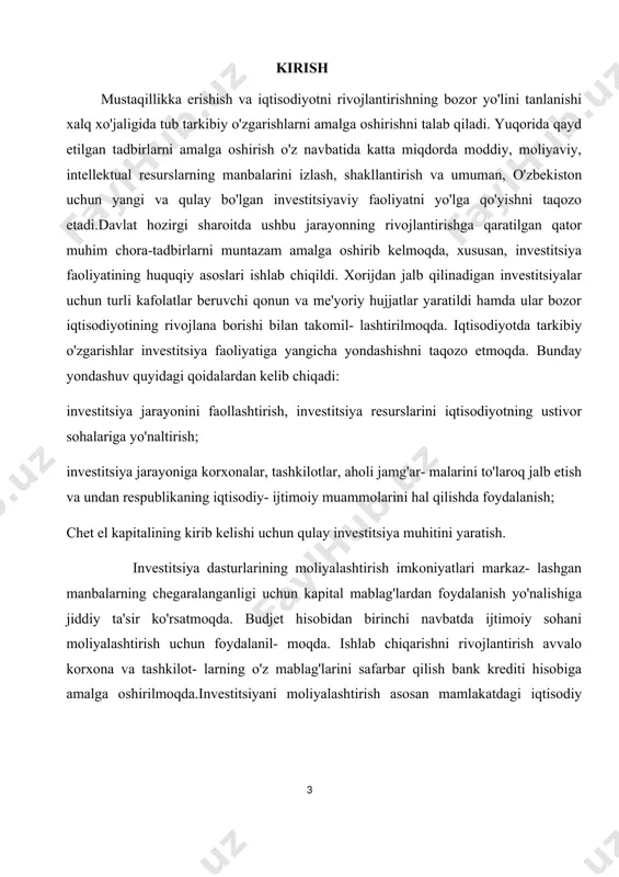 stitsiya manbalarini topish va har tomonlama qo'llab-quvvatlash maqsadga muvofiq bo'ladi. xalqaro moliya institutlarining valuta-kredit liniyalaridan foydalanish, lizingni rivojlantirishga yo'naltirilgan ishlar va boshqalar investitsiyalarning moliyalashtirish amaliyotiga jiddiy o'zgartirishlar kiritadi. investitsiyalashning bozor mexanizmlarini joriy etish, bevosita xorijiy investitsiyalar, kreditlarni jalb qilish, moliya bozori orqali investitsiya manbalarining shakllantirishni kengaytirish, noan'anaviy moliyalashtirish usullaridan foydalanish amaliyotini chuqur, atroflicha tadqiq etish va ularni umumlashtirish zaruratini kun tartibiga qo'yadi.investitsiya faoliyatini samarali tashkil qilishda hali qal qilinishi zarur bo'lgan qator vazifalar borki, ular mavjud qonun va me'yoriy hujjatlardan to'g'ri foydalanadigan va umuman, investitsiyalardan samarali foydalanish bo'yicha kadrlarni tayyorlash ularning malakasini muntazam oshirishni talab qilmoqda. mazkur soha uchun malakali kadrlarni tayyorlashni tubdan yaxshilash va sifatini oshirishda, ayniqsa kasb-hunar kollejlari o'quvchilariga mo'ljal- langan darsliklar, o'quv-uslubiy qo'llanmalarning yetishmasligi ma'lum qiyinchiliklarni yuzaga keltirmoqda. malakaviy ishning maqsadi. ishning maqsadi iqtisodiyotni modernizatsiyalash sharoitida investitsiya mohiyati va ahamiyati,iqtisodiy samaradorligini diskontlash usullari asosida baholashga ish hamda investitsiya loyihalarining moliyaviy-iqtisodiy samaradorligini baholash usullarini takomillashtirish taklif va tavsiyalar …