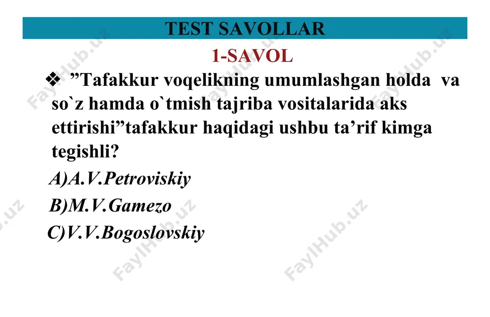 -savol · insonning hohish va istaklarini amalga oshirish bilan bog`liq ravishda sodir bo`ladigan jarayon? a)autistik tafakkur b)realistik ntafakkur c)vizual tafakkur 13-savol · narsalarning mohiyatini aks ettiruvchi va so`zlarda ifodalovchi tushunchalarga tayanib fikr yuritish bu? a)nazariy tafakkur b)abstrakt tafakkur c)umumlashgan tafakkur 14-savol · belgining biror turkimigagina taalluqliligini tasdiqlovchi yoki inkor qiluvchi hukm nima? a)juz’iy hukm b)voqelik hukmi c)shartli hukm 15-savol · “tafakkur insonning shunday aqlliy faoliyatidirki, bu faoliyat voqelikni eng aniq,to`liq, umumlashtirib aks ettirishga,insonni oqilona amaliy faoliyat bilan shug`ullanishiga imkon beradi.” ushbu ta’rif kimning darsligida keltirilgan? a)m.v.gamezov b)a.v.petroviskiy c)p.i.ivanov test javoblari s 1 2 3 4 5 6 7 8 9 10 11 12 13 14 15 j b a c c a a b a a c c a a a c
