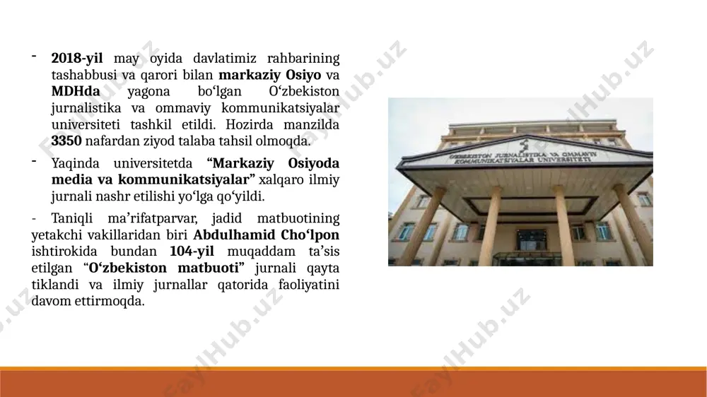 895-yilda popov tomonidan ixtiro qilgan. yuneskoning 2011-yil oktabrida o‘tkazilgan anjumanida 13-fevral butunjahon radio kuni deb e’lon qilingan. «o‘zbekiston teleradiosi taraqqiyot solnomasi» nomli kitobda qayd etilishicha, 1915 yili toshkentda markaziy osiyodagi birinchi kuchli qabul qiluvchi va uzatuvchi radiostansiya ishga tushirilgan. 1920 yili samarqand, buxoro, xiva va farg‘ona shaharlarida radioaloqa vositalari ishga tushirilgan. 1925 yilda radioeshittirishlarni tashkil etish maqsadida tajriba-sinovlar o‘tkazila boshlangan. image2.jfif image3.jfif image4.jfif image5.jfif image6.jfif image7.jfif image8.jfif image9.jfif image10.png image11.jfif image12.jfif /docprops/thumbnail.jpeg