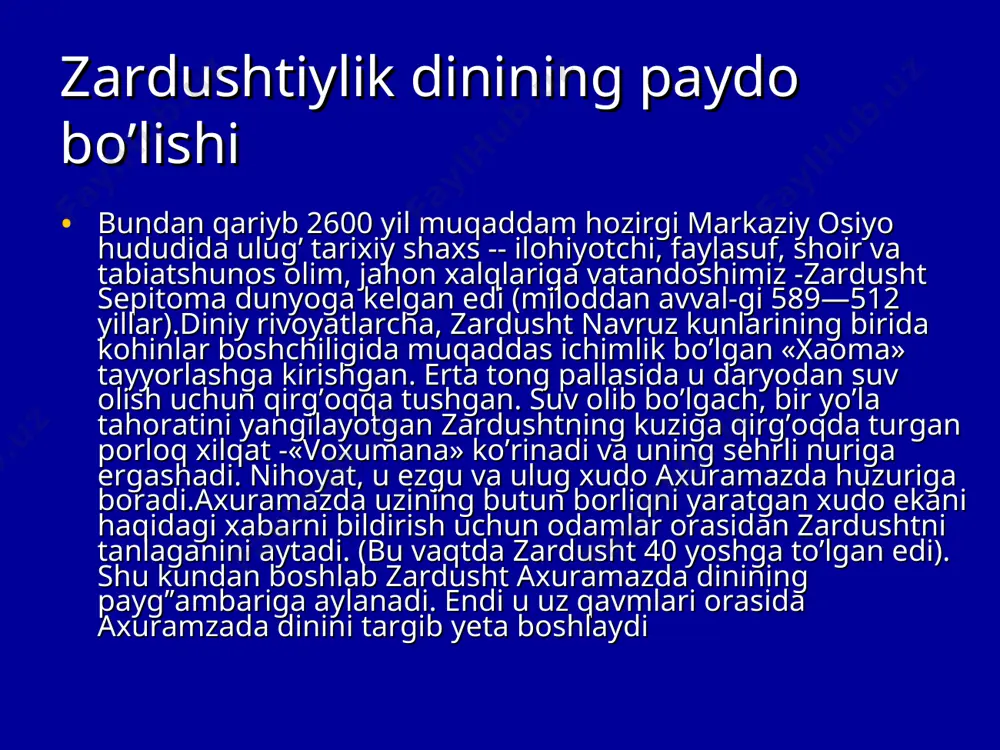 teistik ta’limotdir. u behuda qon to’kuvchi qurbonlar, harbiy to’qnashuvlar, bosqinchilik urushlarini qoralab, o’troq, osoyishta hayot kechirishga, mehnatga, dehqonchilik, chorvachilik bilan shug’ullanishga da’vat etadi.zardusht insonlarga tinch-totuv yashashni, halol mehnat qilishni o’rgatadi.unga ko’ra insonning bu dunyodagi hayotiga yarasha narigi dunyodagi taqdiri bo’lajak har bir inson o’lgandan so’ng o’zining bu dunyodagi qilmishiga yarasha abadiy rohat-jannatga yoki yomon ishlari ko’p bo’lsa na xursandlik va na xafalik ko’rmaydigan arosat joy misvongatuga tushadi.zardushtiylik negizida olamning qarama-qarshiliklar kurashishi asosida qurilgani turadi: yaxshilik va yomonlik, yorug’lik va qorong’ulik, hayot va o’lim o’rtasida abadiy kurash davom etadi. eron islom respublikasida zardushtiylik diniga e’tiqod qilish qonun tomonidan ruxsat etilgan. mumbayda zardushtiylarni madaniy markazi koma nomidagi institut faoliyat olib boradi.undan tashqari mumbayda homiy dxalla raisligida dunyo zardushtiylari madaniyat fondi ishlab turadi. zardushtiylik dinining xudolari axriman axuramazda zardushtiylikdagi to’rt muqaddas unsur: suv, tuproq, olov, havo avesto avesto zardushtiylikning manbayi va muqaddas kitobi hisoblanadi.u apastak, ovisto, ovusto, abisto deb ataladi.avesto o’rta osiyo, eron, …