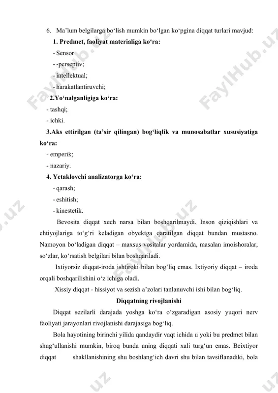 ini bajarish hamda o‘yin o‘ynashdan iborat. o‘yin uni kuzatuvchanlikka, muayyan qoidalarni bajarishga o‘rgatadi, irodasini tarbiyalaydi. maktabdagi o‘qish, bilimlarini egallash jarayoni – bularning barchasi kichik yosh o‘quv yuzaga keladigan qiziqishlar natijasida, xususan o‘quv mashg‘ulotlariga bo‘lgan qiziqish asosida rivojlanadigan beixtiyor diqqatning tezda o‘sishiga yordam beradi. u nihoyatda materialning yorqinligi, uning ko‘rgazmaliligi va aniqligi, bola hissiy sohasiga bo‘lgan ta’siriga bog‘liq. nutqida kamchiligi bo‘lgan bolalar diqqatining o‘ziga xosligi nutqi rivojlanmagan bolalar uchun diqqat-e’tiborning qator xususiyatlari xakarterli: o‘zgaruvchanlik, erkin e’tiborning past darajadagi ko‘rsatkichlari, o‘z harakatlarini rejalashtirishdagi qiyinchiliklar. bolalar masalani hal qilishda turli usul va vositalarni qidirib, shart-sharoit tahlilida qiyinlik bilan diqqat-e’tiborlarini to‘playdilar. diqqat-e’tiborning erkinligini namoyon qilish farqida ta’sir etuvchining modalligiga bo‘ysunishi ma’lum bo‘ladi (ko‘rish yoki eshitish): nutqida patologiyasi bor bolalarda ko‘rish sharoitiga qaraganda vazifani so‘z qo‘llanmasi sharoitida bajarish uchun, diqqat-e’tiborini to‘plash ancha og‘ir. birinchi marta, rangi, shakli, figuralarning joylashishiga ko‘ra farq qilishda qo‘pol buzilishlar bilan bog‘liq xatolarning soni ko‘pligi kuzatiladi. ntr maktab yoshiga yetmagan bolalarda …