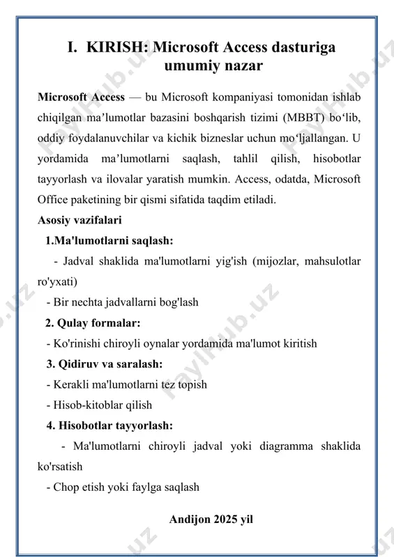 hisoblash uchun kerakli jadvalni tanlab, "add" tugmasini bosing. 4. "close" tugmasini bosib, so‘rov dizaynerini oching. 2-qadam : hisoblash maydonini qo‘shish 1. quyidagi maydonlarni tanlang: - asosiy maydonlar (masalan, narx, miqdor). - yangi hisoblash maydoni qo‘shish uchun bo‘sh katakka formulani yozing. masalan, jami: [narx] * [miqdor] - jami – yangi maydon nomi. - [narx] va [miqdor] – jadvaldagi mavjud maydonlar. 2. "run" (▶) tugmasini bosib, natijani ko‘ring. 2. jadval (table) orqali hisoblash maydonini yaratish accessda to‘g‘ridan-to‘g‘ri jadvalga hisoblash maydonini qo‘shish mumkin emas, lekin calculated – hisoblangan maydon turi bo’lib, u boshqa maydonlar asosida avtomatik hisoblash imkonini beradi. yangi maydon qo‘shish 1. jadvalni "design view"da oching. 2. yangi maydon qo‘shing va "data type"ni "calculated" qilib tanlang. 3. formula yozish uchun expression builder ochiladi. misol: [narx] * [miqdor] 4.ok bosib, jadvalni saqlang. 3. hisobot (report) orqali hisoblash maydonini yaratish hisobotga yangi maydon qo‘shish 1. "create" → "report design" ni tanlang. 2. "design" rejimida …