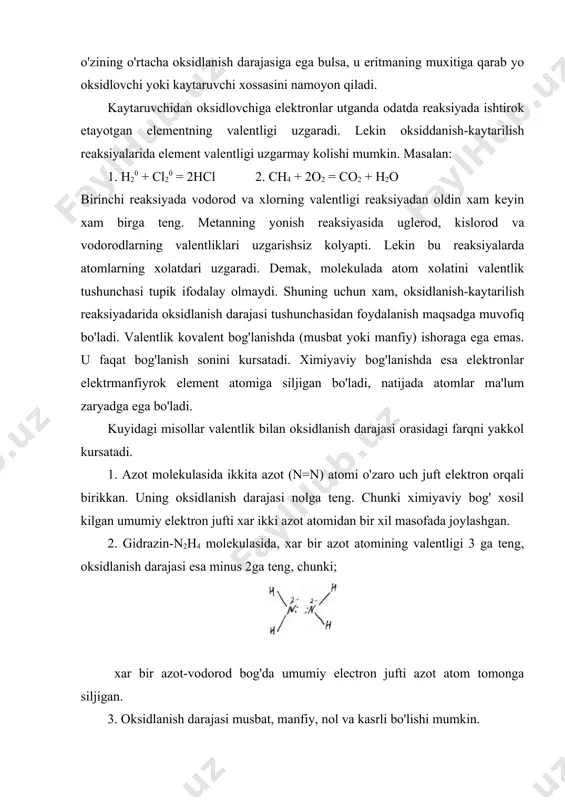 yrok element manfiy (-) va ikkinchi element musbat (+) oksidlanish darajasiga ega. ximiyaviy birikmada yoki eritmada xakikiy bo'lgan ionlarni kursatish uchun musbat va manfiy ishorasi rakamdan keyin yoziladi. masalan: fe3+, mn2+, so42-, mno-4 ,cl- , na+ va boshqalar. ximiyaviy birikmalarda atomning oksidlanish darajasini aniqlashda kuyidagi qonundan foydalaniladi. 1. oddiy moddalarda atomning oksidlanish darajasi nolga teng (h2, o2,fe, s). 2. metallar xamma vaqt musbat oksidlanish darajasiga ega. 3. vodorod, gidridlardan tashqari xamma birikmalarda +1, gidridlarda esa -1 oksidlanish daraja namoyon etadi. 4. kislorod birikmalarda (of2 dan tashqari) -2 oksidlanish daraja namoyon etadi. peroksid (-0-0-gruppali) larda esa kislorodning oksidlanish darajasi -1 ga teng. 5. metallamaslarni oksiddanish darajasi xam musbat, xam manfiy bo'lishi mumkin. bu ma'lumotlarga asoslanib murakkab birikmalardagi atomlarning oksidlanish darajasini xisoblab topish mumkin, bunda molekuladagi atomlar oksidlanish darajalarining algebraik yigindisi doimo nolga, murakkab ionda esa ionning zaryadiga teng bo'lishini e'tiborga olish kerak. misol, h2so4 dagi oltingugurtning oksidlanish darajasini xisoblab topamiz. h+2 …