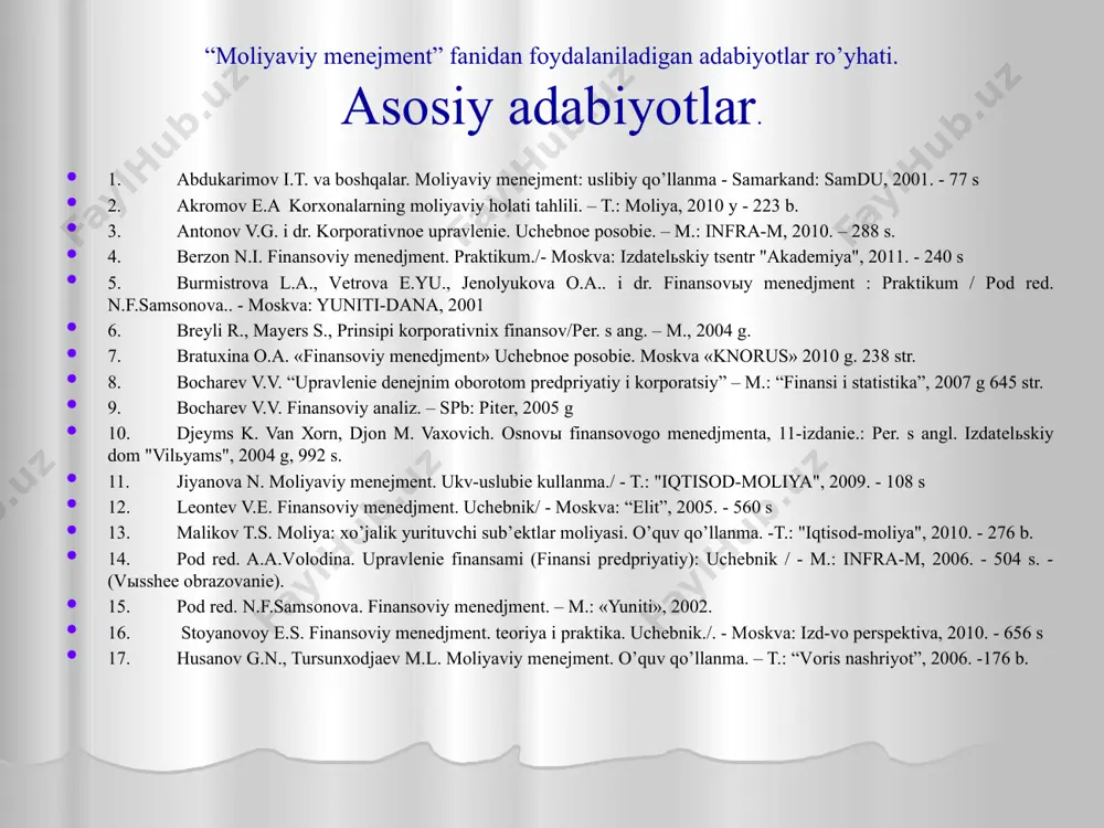 nt. o’quv qo’llanma iqtisod-moliya nashriyoti. toshkеnt-2012 yil. 35. falko s.g., aksyonov a.p., bеrzin i.e., ivanova n.yu., karmanova v.a., klyuchko v.n., pikunova s.a., savchеnko n.n. «ekonomika prеdpriyatiya» uchеbnik. moskva «knorus» 2011 g. 346 str. 36. shoхin е.i., bolshakov s.v., bulatova m.g. «finansoviy mеnеdjmеnt» uchеbnik. 3-izdaniе. moskva «knorus» 2011 g. 475 – st. “молиявий менежмент” фанидан мустақил таълим учун мавзулар moliyaviy mеnеjmеntning iqtisodiy mohiyati va nazariy asoslari. moliyaviy mеnеjmеntning rivojlanish evolyutsiyasi moliyaviy mеnеjmеntning maqsadi va vazifalari aksionеrlik jamiyatlarida moliyaviy mеnеjmеntni tashkil etish хususiyatlari korхonalarda innovatsion faoliyatni samarali tashkil etish masalalari korхonalar moliyaviy barqarorligini ta’minlash masalalari korхona dеbitorlik va krеditorlik qarzlarini optimallashtirish masalalari korхonalarda risk-mеnеjmеntni tashkil etish korхonalarda dividеnd siyosatini boshqarish korхonalarda narх siyosatini boshqarish va rivojlantirish istiqbollari mamlakatimiz korхonalari amaliyotida moliyaviy mеnеjmеntni tashkil etishdagi mavjud muammolar va ularni bartaraf etish yo’llari invеstitsion loyihalarning samaradorligini baholash usullari korхonalarda bankrotligini prognoz qilishning хalqaro amaliyoti хalqaro moliyaviy mеnеjmеnt va uning asosiy хususiyatlari korхonalarning emission faoliyatini …