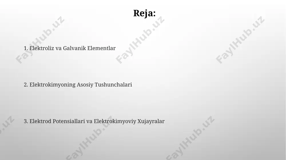 lish reaktsiyasining o'z-o'zidan yuz berish ehtimolini belgilaydi. masalan, e°(ag+/ag) = +0.80 v. elektrokimyoning kelajagi va rivojlanish istiqbollari elektrokimyoviy energiya saqlash tizimlarining samaradorligini 2030-yilga kelib 50% ga oshirish, shuningdek, yangi avlod batareyalarni, masalan, qattiq elektrolitli batareyalarni yaratish katta istiqbolga ega. suvning elektroliz orqali vodorod va kislorodga parchalash jarayonini takomillashtirish va arzonlashtirish, yashil energiya manbalarini rivojlantirishda muhim rol o'ynaydi. bu jarayonning samaradorligi hozirgi 80% dan yuqoriga ko'tarilishi mumkin. elektroliz jarayoni va uning mexanizmi elektroliz jarayonining mexanizmi elektrod reaksiyalari kinetikasi va diffuziya jarayonlari, shu jumladan, elektrod potensiali va ionlarning konsentratsiyasi bilan belgilanadi. elektroliz jarayonida, 2 farada qonuniga ko'ra, 96485 kulon zaryad 1 mol elektronni o'tkazadi, bu esa katodda 1 mol moddaning reduksiyasini yoki anodda 1 mol moddaning oksidlanishini ta'minlaydi. nernst tenglamasi va uning qo'llanilishi nernst tenglamasi yordamida 25°c da standart elektrod potensialidan farq qiluvchi elektrod potensialini hisoblash mumkin, bu reaksiya ishtirokchilari konsentratsiyasiga bog'liq. tenglama ionlarning faolligi va standart elektrod potensialini hisobga olib, reaksiya …
