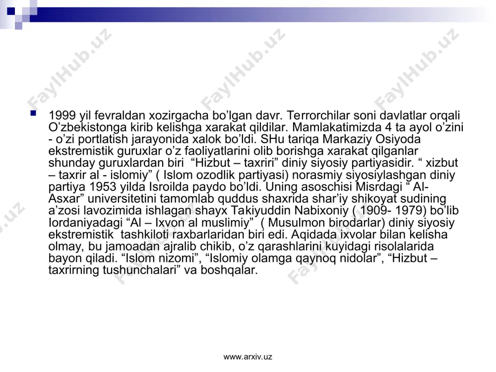 opib, hozirda faoliyati deyarli to‘xtatilgan noan’anaviy ham islom ta’limotiga ham konstitusiyaviy davlatchilik asoslariga zid bo‘lgan guruh «akromiylar»dir. www.arxiv.uz www.arxiv.uz akromiylar 1996-1997 yillarda andijonda tashkil topib, uning nomi guruh asoschisi - 1963 yilda tug‘ilgan yo‘ldoshev akrom nomi bilan bog‘liq. a. yo‘ldoshev hizbut tahrirning etakchisi an-nabahoniy g‘oyalari asosida 12 darsga mo‘ljallangan «imonga yo‘l» risolasini yozgan. shu sababdan akromiylarni «imonchilar» deb ham yuritiladi. www.arxiv.uz www.arxiv.uz www.arxiv.uz www.arxiv.uz akromiylar ham davlat tepasiga chiqish kabi g‘arazli maqsadlarni ko‘zlaydilar. biroq, ular tahrirchilardan farqli o‘laroq, xalifalik davlatini mahalliy sharoitdan kelib chiqib, avvalo andijonda, so‘ng farg‘ona vodiysida amalga oshirmoqchi bo‘ldilar. akromiylar siyosiy hokimiyatga erishishning 5 bosqichini rejalashtirganlar - «sirli», «moddiy», «uzviy», «maydon» va «oxirat». to‘rtinchi va beshinchi bosqichlar tamomila islomlashtirish davri tugagach boshlanishi va ochiqdan-ochiq hokimiyat uchun kurash bosqichlari bo‘lmog‘i lozim edi. www.arxiv.uz www.arxiv.uz bu guruh a’zolari asosan hunarmandlardan iborat bo‘lib, ular rasmiy ishxonalardan bo‘shab, jamoa ma’qullagan mehnat faoliyati bilan shug‘ullanganlar. zarurat tug‘ilganda «birodarlari»ga «jamoa banki»dan moddiy yordam …