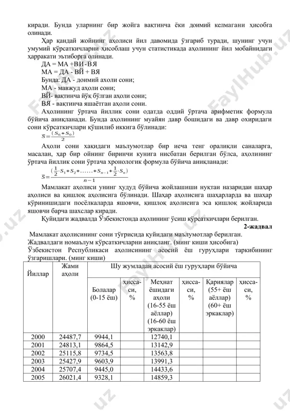 лган барча шахслар киради. бунда уларнинг бир жойга вақтинча ёки доимий келмагани ҳисобга олинади. ҳар қандай жойнинг аҳолиси йил давомида ўзгариб туради, шунинг учун умумий кўрсаткичларни ҳисоблаш учун статистикада аҳолининг йил мобайнидаги ҳарракати эътиборга олинади. да = ма +ви-вя ма = да - вй + вя бунда: да - доимий ахоли сони; ма - мавжуд аҳоли сони; вй- вақтинча йўқ бўлган аҳоли сони; вя - вақтинча яшаётган аҳоли сони. аҳолининг ўртача йиллик сони одатда оддий ўртача арифметик формула бўйича аниқланади. бунда аҳолининг муайян давр бошидаги ва давр охиридаги сони кўрсаткичлари қўшилиб иккига бўлинади: аҳоли сони хақидаги маълумотлар бир иеча тенг оралиқли саналарга, масалан, ҳар бир ойнинг биринчи кунига нисбатан берилган бўлса, аҳолининг ўртача йиллик сони ўртача хронологик формула бўйича аниқланади: мамлакат аҳолиси унинг ҳудуд бўйича жойлашиши нуқтаи назаридаи шаҳар аҳолиси ва қишлоқ аҳолисига бўлинади. шаҳар аҳолисига шаҳарларда ва шаҳар кўринишидаги посёлкаларда яшовчи, қишлоқ аҳолисига эса қишлоқ жойларида яшовчи барча шахслар …
