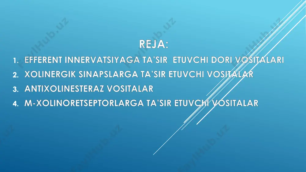 osiy namoyondasi xisoblanadi. lekin muskarin dori vositasi sifatida qo’llanilmaydi. tibbiyotda m-xolinomimetiklardan pilokarpin va asteklidin qo’llaniladi. m-xolinoblokatorlar atropin. kimyoviy jixatdan u tropin va d,l-trop kislotasining murakkab efiridir. atropinning ikkita: o’ng va chapga aylantiruvchi sterio izomerlar ibor. o’simliklarni ishlov berishda, bu aktiv sterio izomerlar rastemik shaklga (faolliligi sust bo’lgan atropinga) aylanadi ana shundayi tibbiyotda qo’llaniladi. atropin sintetik yo’l bilan xam olinadi. atropin tanlab faqat m-xolinoresteptorlarni qamal qiladi. atropin u bilan bog’lanib axning unga ta’sir etishiga yo’l qo’ymaydi va shuning uchun parasimpatik nerv oxiridagi neyroeffektor sinapslardan qo’zg’alish impulslari o’tmaydi. natijda parasimpatik nervlarni falajlanishida kuzatiladigan o’zgarishlari yuzaga chiqadi. parasimpatik nerv tonusi pasaysa, simpatikniki oshadi va quyidagi o’zgarishlar yuzaga keladi: qorachiq kengayadi, fontanov bo’shlig’i torayadi, shlemov kanali yopiladi, ko’zning ichki suyuqligining chiqishi kamayib, bosim oshadi, stiliar mushaklar bo’shashadi, stinn bog’lami taranglashib ko’z gavxari yassi shaklga kiradi, uzoqdagi buyumlar aniq ko’rinib, yaqindagilari xiralashadi, ya’ni akkomodastiya paralichi yuzaga keladi, fotofobiya rivojlanadi. kam va qovushqoq so’lak ajraladi, ogiz …