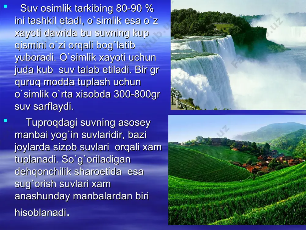 bulgan zarradan yupqa pardali zarraga qarab vs tuproq qatlamining issiq tamonodan sovuqroq tamoniga juda sekin xarakat qiladi . kapelyar suv o`zining manbai va kapelyar yullar orqali xarakat etish xususiyatiga kura, asosan, ikki xil –kutariluvchi kapelyar suv va muallaq kapelyar suvlarga bulinadi. kutariluvchi kapelyar suvning manbai sizob suvlaridir, o`lar yuqorida aytib o`tilgan sharoitlarga kura harakat etadi. bo`g`lanish yoki o`simliklarning ildiziga shimilishi narejasida sarf bulayotgan namlik o`rni ana shu kutariluvchi kaelyar suv bilan o`zluksiz va tuxtovsiz tuldirilib turiladi. muallaq kapelyar suv sizob suvlari bilan qushilmagan xolda bulib, qatlam oralig`ida joylashadi. sizob suvi chuqur bulgan yerlarda, ayniqsa strukturali tuproqlarda bu xildagi kapelyar suv yog`indan yoki sug`orishdan kiyin yuzaga keladi. . gravetatseon suv miqdori tuproqda yog`indan yoki ekin so`g`orilgandan keyin juda kupayadi. bazi bir tuproqlarning xaydalma ostki qatlami suvni yaxshi o`tkazmasligi yoki juda sekin o`tkazishi tufayli xaydalma qatlamda gravetatseon suv ancha vaqtgacha tuxtab qolishi va natejada tuproq ustki qatlamida o`simliklar va mekroorganezmlar uchun xavo …