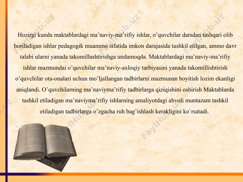 a ta’lim muassasalari o‘quvchilari uchun “tarbiya” fani konsepsiyasi 3-ilovaga muvofiq tasdiqlansin. 3. o‘zbekiston respublikasi xalq ta’limi vazirligi: “tarbiya” fani bo‘yicha umumiy o‘rta ta’limning davlat ta’lim standartini va o‘quv dasturlarini ishlab chiqsin va tasdiqlasin; “tarbiya” fanidan darsliklar va o‘quv-metodik majmualarni yangi o‘quv yili boshlangunga qadar chop etishni tashkil etsin va ularning joylarga yetkazilishini ta’minlasin; 4. belgilab qo‘yilsinki: “tarbiya” fanidan darsliklar va o‘quv-metodik majmualarni nashrga tayyorlash va chop etish (darsliklarni nashrga tayyorlash, chop etish va yetkazib berish, tuzuvchilarga haq to‘lash) bilan bog‘liq xarajatlar darslik va o‘quv-metodik majmualarning umumiy narxiga kiritiladi; “tarbiya” fanidan darsliklar va o‘quv majmualarini xarid qilish va yetkazib berish xarajatlari: umumiy o‘rta ta’lim muassasalarining 1-sinf, mehribonlik uylari, jismoniy yoki ruhiy rivojlanishida nuqsoni bo‘lgan bolalar uchun ixtisoslashtirilgan maktablar va maktab-internatlari o‘quvchilarini, ijtimoiy yordamga muhtoj oilalar farzandlarini hamda o‘qituvchilar uchun “tarbiya” fanidan darsliklar, multimedia ilovalari va o‘quv-metodik majmualar nashr etilishi, shuningdek, ijara asosida darsliklar bilan birlamchi ta’minlash. 5. o‘zbekiston respublikasi oliy va …