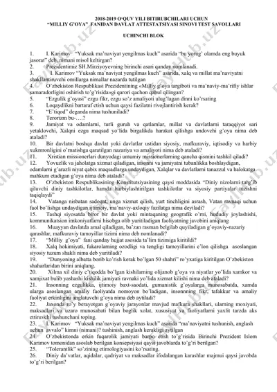 milliy g'oya fanidan davlat attestatsiyasi sinovi test savollari — DOC