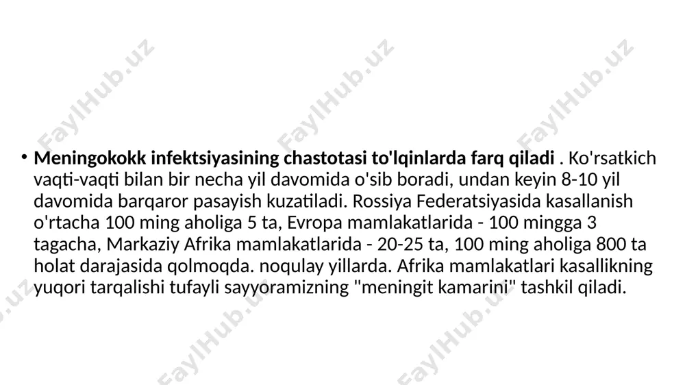 ar periferik qon tomirlariga joylashadi va ularning tomir devoriga shikast etkazadi, bu esa qonning to'qimalarga shoshilishiga olib keladi. shunday qilib, terida gemorragik toshma hosil bo'ladi, bu mahalliy qon ketishlardir. qonda ko'p miqdorda meningokokk toksini periferiyadagi paralitik vazodilatatsiyaga va qon bosimining keskin pasayishiga olib keladi. qon oqimining qayta taqsimlanishi sodir bo'ladi: qon kichik tomirlarda to'planadi va muhim organlarga - miya, yurak, jigarga etarli miqdorda oqmaydi. yuqumli-toksik shok rivojlanadi - o'limga olib keladigan holat. e’tiboringiz uchun rahmat image1.jpg image2.jpg image3.jpeg /docprops/thumbnail.jpeg