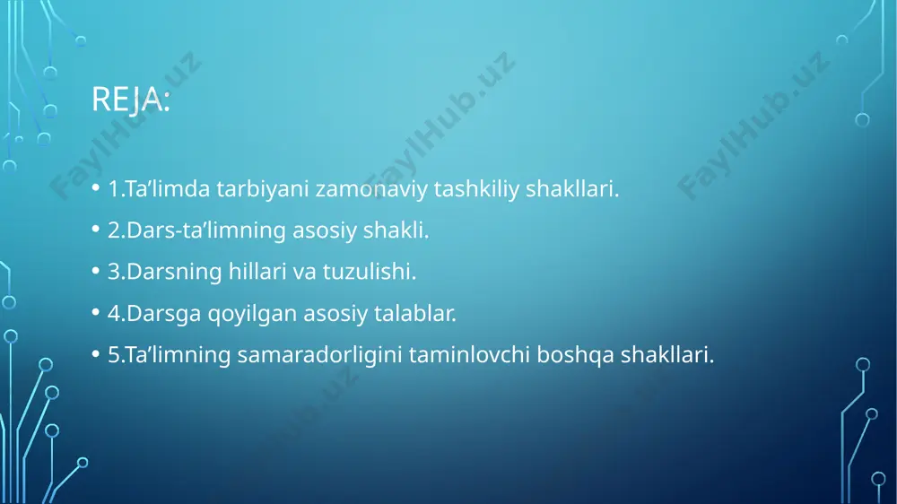 iyaviy maqsadda foydalanmog’i lozim. 3.har bir darsni maktab imkoniyatlaridan kelib chiqib amaliyot bilan bog’lanmog’i lozim. 4.har bir dars xarakteriga mos ravishda usul, uslub va vosiytalardan foydalanmoģi lozim. 5. dars uchun ajratilgan vaqtdan unumli foydalanish va tejash lozim. ta’limni samaradorligini taminlo’vchi boshqa shakllari. ta’lim nazaryasi va amaliyotida dars turlari va ularning tuzilishiga ham alohida muammo sifatida qaralishi lozim. dars bilim, konikma va malakalar bilan o’quvchilarni qurollantirishda asosiy ro’l o’ynaydi. shu sababli o’quv jarayonlariga ajratilgan vaqtning asosiy qismi dars o’tish uchun sarflanadi. image2.png /docprops/thumbnail.jpeg