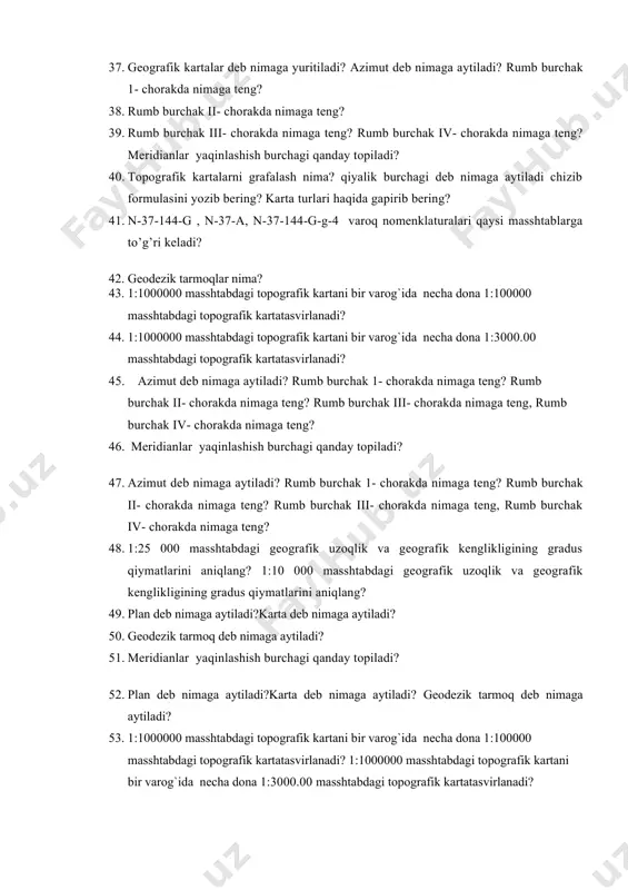 inlashish burchagi qanday topiladi? 35. topografik kartalarni grafalash nima? qiyalik burchagi deb nimaga aytiladi chizib formulasini yozib bering? karta turlari haqida gapirib bering? 36. n-37-144-g , n-37-a, n-37-144-g-g-4 varoq nomenklaturalari qaysi masshtablarga to’g’ri keladi? 37. geografik kartalar deb nimaga yuritiladi? azimut deb nimaga aytiladi? rumb burchak 1- chorakda nimaga teng? 38. rumb burchak ii- chorakda nimaga teng? 39. rumb burchak iii- chorakda nimaga teng? rumb burchak iv- chorakda nimaga teng? meridianlar yaqinlashish burchagi qanday topiladi? 40. topografik kartalarni grafalash nima? qiyalik burchagi deb nimaga aytiladi chizib formulasini yozib bering? karta turlari haqida gapirib bering? 41. n-37-144-g , n-37-a, n-37-144-g-g-4 varoq nomenklaturalari qaysi masshtablarga to’g’ri keladi? 42. geodezik tarmoqlar nima? 43. 1:1000000 mаsshtаbdаgi tоpоgrаfik kаrtаni bir vаrоg`idа nеchа dоnа 1:100000 mаsshtаbdаgi tоpоgrаfik kаrtаtаsvirlаnаdi? 44. 1:1000000 mаsshtаbdаgi tоpоgrаfik kаrtаni bir vаrоg`idа nеchа dоnа 1:3000.00 mаsshtаbdаgi tоpоgrаfik kаrtаtаsvirlаnаdi? 45. azimut deb nimaga aytiladi? rumb burchak 1- chorakda nimaga teng? rumb burchak ii- chorakda …