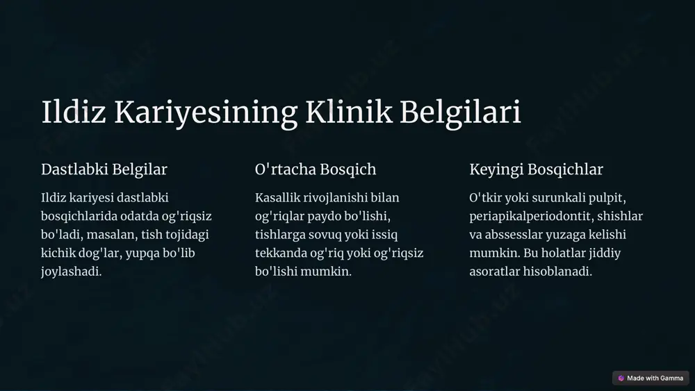 iodontit belgilari haqida ma'lumot beradi. 3 elektrovestibulometrika bu usul tish pulpasining sog'lom yoki kasallangan ekanligini aniqlashga imkon beradi. https://gamma.app/?utm_source=made-with-gamma ildiz kariyesining radiologik belgilari tish tojidagi o'zgarishlar tish tojining sathi va qattiqligi o'zgarishi, ochiq dentinning ko'rinishi, pulpa bo'shlig'ining kengayishi. ildiz kanalining holati ildiz kanalida infiltratsiya, kengayish, eskirish yoki obliteratsiya kuzatilishi mumkin. periapikalperiodontit belgilari ildiz uchida suyak to'qimasining destruksiyasi, granulema, rivojlanishi kuzatiladi. https://gamma.app/?utm_source=made-with-gamma ildiz kariyesini boshqa kasalliklardan farqlash ildiz kariyesi pulpit periapikalperiodon tit tish tojidagi karies oqibatida ildiz kanaliga tarqalish tish tojidagi yallig'lanish ildiz uchidagi yallig'lanish dastlabki bosqichlar ogriqsiz kuchli og'riq kuchli og'riq rentgen tasvirda ildiz kanalida o'zgarishlar pulpa bo'shlig'ida kengayish ildiz uchida suyak destruksiyasi https://gamma.app/?utm_source=made-with-gamma ildiz kariyesining davolash tamoyillari kauzal omillarni bartaraf etish avval kasallikning sabablari bartaraf etilishi kerak, masalan, tish tojidagi karies, , yuqori mikrobiologik bosim va boshqalar. ildiz kanalini davolash ildiz kanallaridagi infeksiyani bartaraf etish, ularni toza va shikastlanmagan holda tiklash lozim. tishni tiklay/qayta tiklash davolanandan so'ng tishni qayta …