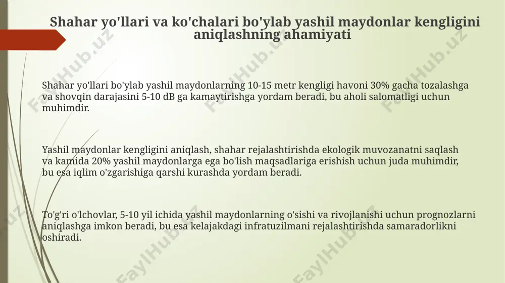 yalari yo'l bo'ylab yashil maydonlar kengligini aniqlashda gps va gis texnologiyalaridan foydalanish, 5-10 sm daqiqlik bilan o'lchovlar olish imkonini beradi, bu esa ma'lumotlarning aniqligini oshiradi. suratlarni tahlil qilish va fotogrammetriya usullari orqali, 20 dan ortiq suratlarni qo'shib, 1 mm daqiqlikda yashil maydonlar kengligini aniqlash va avtomatik ravishda hisob-kitoblar olish mumkin. 3d lazerli skanerlash orqali yo'l bo'ylab yashil maydonlarning hajmini va kengligini 0.1 m daqiqlik bilan aniqlash mumkin, bu esa murakkab relef sharoitida ham aniq natija beradi. e'tiboringiz uchun rahmat @taqdimot_robot