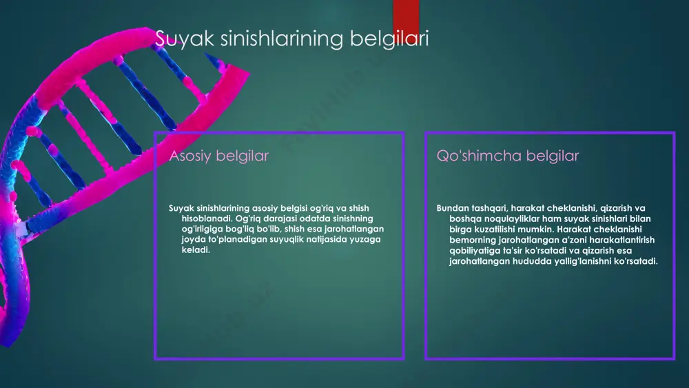 ika suyak sinishlarini davolashda yordam beradi. reabilitatsiya jarayoni yangi texnologiyalar reabilitatsiya jarayonini tezlashtiradi. nazorat va monitoring bemorlarning holatini nazorat qilish imkoniyatini beradi. kelajak istiqbollari kelajakda sun'iy intellekt suyak sinishlari davolashida qo'llaniladi. operatsion va konservativ davolash operatsion usullar operatsion davolash usullari suyak sinishlarining og'ir holatlarida qo'llaniladi. ushbu usulda jarrohlik aralashuvi orqali suyaklarni tiklash va joyiga joylashtirish amalga oshiriladi. afzalliklari: tezkor natija, og'riqni kamaytirish, funktsionallikni tezda tiklash. kamchiliklari: jarrohlik xavflari, reabilitatsiya jarayonining murakkabligi. konservativ usullar konservativ davolash usullari suyak sinishlari uchun yumshoq yondashuvni ta'minlaydi. bunga gips, fizioterapiya va dorilar kiritiladi. afzalliklari: jarrohlik xavfini kamaytiradi, reabilitatsiya jarayoni sodda. kamchiliklari: davolash jarayoni uzoq davom etishi, natijalar aniq bo'lmasligi mumkin. reabilitatsiya jarayoni suyak sinishlaridan so'ng reabilitatsiya jarayoni bemorning to'liq tiklanishi uchun muhimdir. bu jarayon qattiq to'qimalar va mushaklarning kuchini tiklashga, harakatni yaxshilashga va og'riqni kamaytirishga yordam beradi. reabilitatsiya jarayonining asosiy bosqichlari: - boshlang'ich davr: og'riqni kamaytirish va shishishni pasaytirish. - harakatlilikni tiklash: mushaklar va bo'g'imlarni …