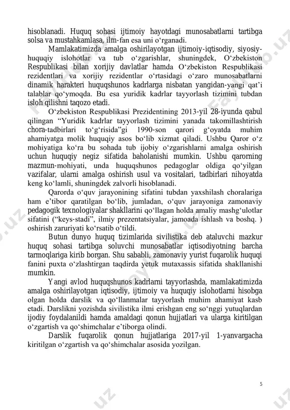 larni dinamik harakteri huquqshunos kadrlarga nisbatan yangidan-yangi qat’i talablar qoʻymoqda. bu esa yuridik kadrlar tayyorlash tizimini tubdan isloh qilishni taqozo etadi. oʻzbekiston respublikasi prezidentining 2013-yil 28-iyunda qabul qilingan “yuridik kadrlar tayyorlash tizimini yanada takomillashtirish chora-tadbirlari toʻgʻrisida”gi 1990-son qarori gʻoyatda muhim ahamiyatga molik huquqiy asos boʻlib xizmat qiladi. ushbu qaror oʻz mohiyatiga koʻra bu sohada tub ijobiy oʻzgarishlarni amalga oshirish uchun huquqiy negiz sifatida baholanishi mumkin. ushbu qarorning mazmun-mohiyati, unda huquqshunos pedagoglar oldiga qoʻyilgan vazifalar, ularni amalga oshirish usul va vositalari, tadbirlari nihoyatda keng koʻlamli, shuningdek zalvorli hisoblanadi. qarorda oʻquv jarayonining sifatini tubdan yaxshilash choralariga ham e’tibor qaratilgan boʻlib, jumladan, oʻquv jarayoniga zamonaviy pedagogik texnologiyalar shakllarini qoʻllagan holda amaliy mashgʻulotlar sifatini (“keys-stadi”, ilmiy prezentatsiyalar, jamoada ishlash va boshq. ) oshirish zaruriyati koʻrsatib oʻtildi. butun dunyo huquq tizimlarida sivilistika deb ataluvchi mazkur huquq sohasi tartibga soluvchi munosabatlar iqtisodiyotning barcha tarmoqlariga kirib borgan. shu sababli, zamonaviy yurist fuqarolik huquqi fanini puxta oʻzlashtirgan taqdirda …