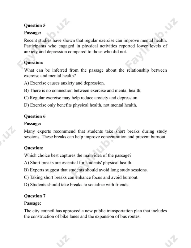 e. question 10 passage: the new smartphone model boasts several innovative features, including an advanced camera system and a longer-lasting battery. question: which choice best describes the tone of the passage? a) critical b) enthusiastic c) indifferent d) pessimistic question 11 passage: scientists have observed a significant decrease in bee populations worldwide. this decline could have serious consequences for global food production, as bees play a crucial role in pollinating many crops. question: which of the following statements is best supported by the passage? a) the decrease in bee populations will only affect honey production. b) scientists are not concerned about the decline in bee populations. c) the decline in bee populations could impact food production globally. d) bees are not important for crop pollination. question 12 passage: the artist’s new exhibit features a series of paintings inspired by the natural landscapes of her hometown. her use of vibrant colors …