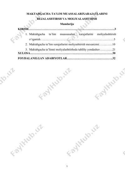 maktabgacha ta’lim muassalari xarajatlarini rejalashtirsh va moliyalashtirsh — DOCX