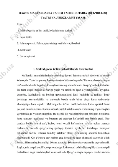 maktabgacha ta'lim tashkilotida qo‘g‘irchoq teatr turlari va jihozlarini yasash — DOCX