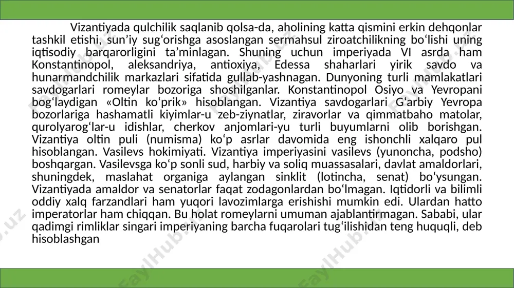 i – feodallar hamda yersiz dehqonlar toifalari paydo bo‘ladi. x–xi asrlarda imperatorlar amaldorlar, ibodatõonalar va monastirlarga ko‘plab yer-mulklar in’om etadilar. ma’lum vaqt o‘tib vizantiyada ham feodallar qal’alar qurib, harbiy bo‘linmalar tuzadilar. feodallar hokimiyatining kuchayishi va markaziy hokimiyatning zaiflashishi ix–xi asrlarda yer egaligi munosabatlarining uzil-kesil o‘rnatilishiga olib keladi. image1.png image2.png image3.jpeg image4.jpeg image5.jpeg /docprops/thumbnail.jpeg