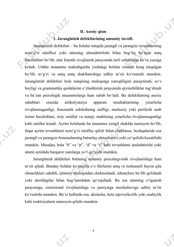 a maxsus mashg‘ulotlarni talab qiladi. bunday muammolarni bartaraf etish uchun logopedlar artikulyatsiya gimnastikasi, fonematik eshitishni rivojlantirishga qaratilgan mashqlar, maxsus o‘yinlar va taktil metodlarni qo‘llaydilar. bolaning jaranglatish ko‘nikmalarini rivojlantirishda tovushlarni differensiyalash, ularni mustahkamlash va so‘z hamda gap tarkibida to‘g‘ri talaffuz qilishga o‘rgatish muhim hisoblanadi. jaranglatish defektlarini bartaraf etish jarayonida oilaning roli ham juda muhimdir. ota-onalar bolalari bilan doimiy muloqot qilishlari, ularning nutqini rivojlantirishga qaratilgan mashqlarni bajarishlari, ularga qiziqarli ertaklar, hikoyalar o‘qib berishlari va to‘g‘ri talaffuzga undashlari lozim. bundan tashqari, bolaning logoped mutaxassis bilan muntazam mashg‘ulotlarda ishtirok etishi, uning nutqiy rivojlanishidagi muammolarni bartaraf etishda samarali natijalar berishi mumkin.jaranglatish defektlari bolaning nutqiy, emotsional va ijtimoiy rivojlanishiga sezilarli ta’sir ko‘rsatadigan muammo bo‘lib, uni erta aniqlash va tuzatish juda muhimdir. to‘g‘ri pedagogik va logopedik yondashuv orqali bu muammolarni bartaraf etish, bolaning o‘ziga bo‘lgan ishonchini oshirish va uning muloqot qobiliyatini yaxshilash mumkin. jaranglatish defektlari, inson nutqida yoki tovushda yuzaga keladigan muammolar sifatida, ko‘plab odamlarning muloqot qilish …