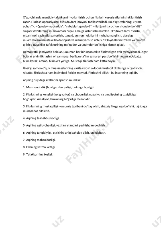 h.k.). lekin o’qituvchi ular uchun eng asosiy referent shaxs sifatida idrok qilinadi. ta’lim oluvchilarning ta’lim faoliyatiga ko’ra ta’limning quyidagicha metodlari ajratiladi: 1. tushuntiruv ko’rsatmalilik metodi - bu metod reproduktiv metod bo’lib, unda faoliyat o’qituvchi tomonidan olib boriladi. o’quvchilar ta’lim jarayonida bilim oladilar tanishadilar. bu metod juda keng tarqalgan metodlardan biri bo’lib, uni takomillashtirilgan usullari mavjud, bu dasturlashtirilgan ta’limdir. 2. reproduktiv metodda o’quvchi faoliyat ko’rsatib, unda o’quvchiga berilayotgan bilimni qayta xotirada tiklab, olingan bilimni nusxa sifatida qabul qiladi. 3. muammoli ta’lim metodi o’qituvchini tomonidan tashqil etilib, u produktiv xarakterga egadir. ushbu metod orqali o’quvchi bilim va malakalarini shakllantiradi. ushbu metodning takomillashtirish yullaridan biri ishchan o’yinilarni tashqil etishdan iboratdir. 4.qisman izlanish metodi o’qituvchini nazorati ostida tashqil etiladigan metod bo’lib, u produktiv xarakterga ega, bunda o’quvchi ijod qiladi. 5.tadqiqot metodi o’qituvchi yordamisiz tashqil etiladigan ta’lim metodi bo’lib, u o’quvchining mustaqil izlanishi, fikrlashi va bilimlar transormasiyasini talab etadi. ta’lim jarayoni tashqil etishning o’ziga xos …