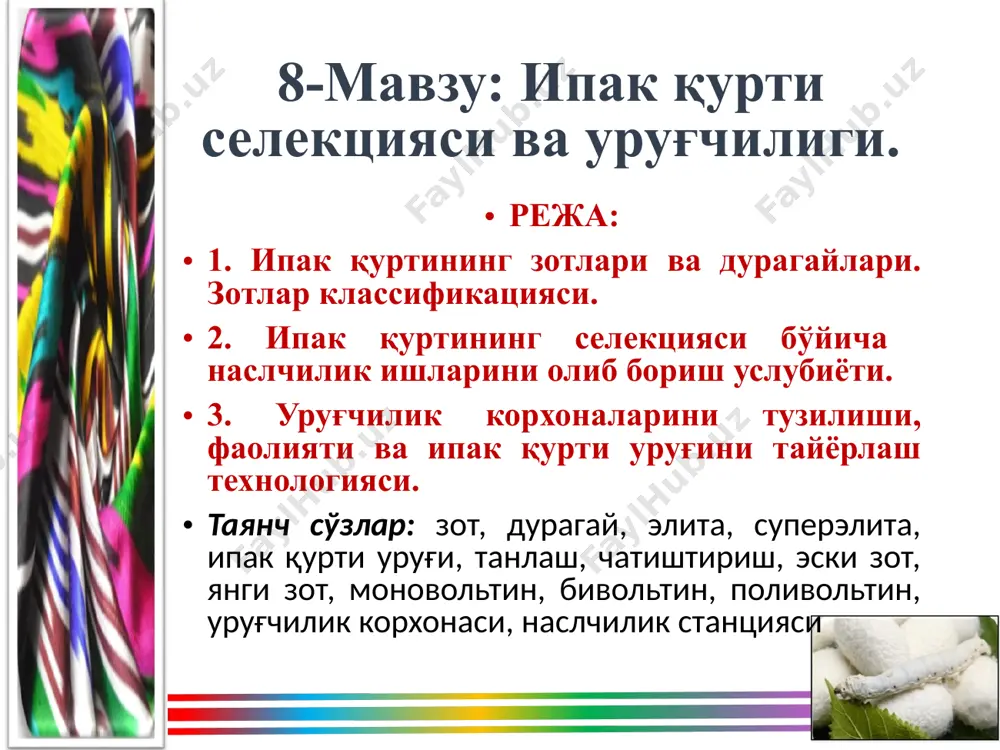 нисбий намлигини 60-70% га етказиб) қоронғида инкубация қилинса, бивольтин, зотнинг капалаклари ҳар сафар диапаузасиз, ўзи очиб чиқадиган тухум қўяди. поливольтин зотлари- бир йилда 3 дан то 8 гача авлод беради. лекин ипак қуртининг вольтинлигини аниқлашда фақат оналик уруғининг қандай ҳароратда очирилганлиги хал қилувчи аҳамиятга эга бўлиб қолмасдан, балки ривожланишнинг постэмбрионал давридадаги, айниқса, ғумбак давридаги парвариш шароити ҳам хал қилувчи аҳамиятга эгадир. селекция (selectio – танлаш) деб қишлоқ хўжалиги хайвонларининг янги зотлари ва ўсимликларнинг янги навларини чиқариш ҳамда системали равишда танлаш ва жуфтлаб чатиштириш йўли билан мавжуд зот ва навларни яхшилаш усулларига айтилади. тут ипак қурти селекцияси билан шуғулланиш нақадар долзарб вазифадир. бусиз ҳам ипакчиликдаги бошқа фанлар ривожлана олмайди. шунинг учун селекционер вазифаси шидат билан тез ривожланиб бораётган саноат талаб этган майин толали метрик номери 3200-3400 га тенг, пилласининг чувалиши 88-90% атрофидаги тизим зотларни тезда яратишдек долзарб ишларни қилиб беришга тўғри келади. бунинг учун бизда жонли генафондда ҳозирда мавжуд қатор тизим …