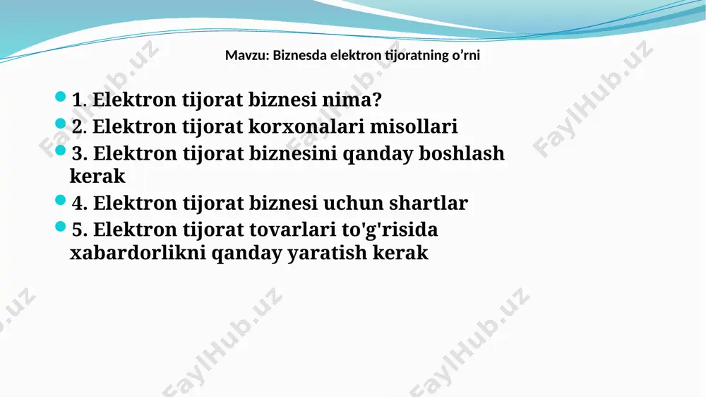 atyokikorporatsiyatashkilqilayotganbo&amp;apos;lsangiz,shuningdek,an&amp;apos;anaviyoflaynbiznesdabo&amp;apos;lganikabi,tegishlibiznesnishakllantirishbo&amp;apos;yichahujjatlarnirasmiylashtirishingizvafederalsoliqidentifikatorraqaminiolishingizkerakbo&amp;apos;ladi. elektrontijorato&amp;apos;zichigaquyidagilarnioladi elektronaxborotalmashuvi-elektronhujjataylanishtizimi(electronic data interchange, edi); elektron kapital oqimi (electronic fudns transfer, efs); elektron savdo (e-trade); elektron pullar (e-cash); elektron marketing (e-marketing); elektron banking (e-banking); elektron sug&amp;apos;urta xizmatlari (e-insurance); elektrontijoratbiznesiuchunshartlar agarsizto&amp;apos;lovlarnikreditkartaorqalito&amp;apos;lashnirejalashtirmoqchibo&amp;apos;lsangiz,biznesingizvaveb-saytingizningmaxfiyliksiyosatinafaqatmijozlaringizni,balkio&amp;apos;zingiznihamhuquqiymuammolardanhimoyaqilishuchunma&amp;apos;lumotlarxavfsizliginiqamrabolganligigaishonchhosilqiling.elektrontijoratshartlarigaeksportqoidalari,tariflarvaetkazibberuvchilaringizzaxiralarikabinarsalaretkazibberilmaganligiuchunqandayjavobgarbo&amp;apos;lishingizmumkinligikiradi.tovarlarnimijozlargaetkazibberishgakelsak,to&amp;apos;lovlar,qonunlarvabojxonarasmiylashtiruviqoidalarinioshkorqilishgatayyorlaning. elektron tijorat tovarlari to'g'risida xabardorlikni qanday yaratish kerak muvaffaqiyatlionlayn-biznesodatdaturlixilvakengqamrovliinternetgaega,shuninguchunsizgakerakbo&amp;apos;lganbirinchinarsalardanbiri-buqidiruvtiziminioptimallashtirish(seo)-(search engine optimization)imkoniyatlarigaegabo&amp;apos;lganaqlliveb-sayt.shuningdek, forumveb-saytiiste&amp;apos;molchilarningsavollarigajavobberishvashikoyatlarnielektronbiznesniyo&amp;apos;qqiladiganyomonsharhlarga(comment)olibborishdanoldinularnimuloyimtarzdako&amp;apos;ribchiqishkerak.
