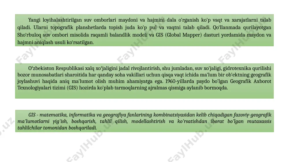 ofaviy zondlash yordamida imkon qadar qisqa vaqt va hokazo. ushbu taqdimotda geografik axborot tizimi dasturlaridan biri - global mapper yordamida masofadan zondlash yordamida olingan loyihalashtirilayotgan sho‘rbuloq suv omborining raqamli modelidan suv omborining maydoni va hajmini aniqlash bilan bir vaqtda har bir kontur uchun maydon va hajm tahlil qilindi. suv yig'ish uchun to'g'on bilan yopilishi kerak bo'lgan bo'limlar aniqlandi. global mapper. global mapper dasturi blue marble geographics innovatsion xaritalash dasturiy ta'minot kompaniyasining dasturi bo'lib, geografik axborot tizimi dasturlaridan biri bo'lib, hozirgi vaqtda u keng tarqalgan va global ma'lumotlar bazasiga kirish qobiliyati, soddaligi va boshqa geografik axborot tizimlaridan farq qiladi. dasturiy interfeysning qulayligi, mobile global mapper dasturining mavjudligi va gps ma'lumotlarini dasturga yuklash imkoniyati. global mapper interfeysi. 1-menyu paneli, 2-panelli fayl, 3-panelli navigatsiya, 4-koʻrinishi, 5-panel tahlili, 6-tanlash, 7-geokalkulyator, 8-panelli asboblar, 9-raqamli ayirboshlash (yaratish), 10-raqamiayzer (tahrirlash) , 11-lidar, 12-lidar (qo'lda tasniflash), 13-boshqaruv markazi, 14-shkalali o'lchagich (balandlik), 15-ko'rsatkich nuqtasi balandligi, 16-shkalali o'lchagich (masofa), 17-shkala, …