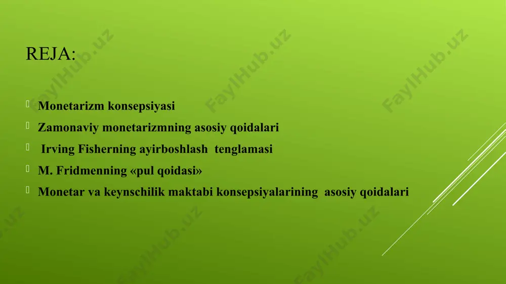 barqarorlashtirishga qodir. agar j.m.keyns byudjet siyosatini ancha aniq, tezkor va natijasini oldindan bilish mumkin bo’lgan dastaklar sifatida baholagan bo’lsa, m.fridmen undan farqli ravishda, pul-kredit siyosatini ana shunday tavsiflaydi. uningcha, (keynsga qaraganda), pul–kredit siyosati iqtisodiy faollikni ancha kuchaytiradi. u pulni ishlab chiqarish, ish bilan bandlik va baholarni aniqlashda yagona bosh omil sifatida qaraydi. pulning asosiy xususiyati uning likvidligida. pulni xohlagan paytda almashtirish, unga har qanday tovarni sotib olish mumkin. m. fridmen pul harakati (pul massasining o’sish sur’ati) va yalpi ichki mahsulot o’rtasida o’zaro chambarchas bog’liqlik amal qilishiga asoslanadi. pul massasining o’sish sur’atining tezlashuvi yoki sekinlashuvi faol ish yuritishda, ishlab chiqarishning tsikli tebranishida aks etiladi. pul omilining muhimligi pul massasidagi o’zgarishlar natijasi asosiy iqtisodiy parametrlarda birdan aks ettirilmaydi, balki biroz vaqtdan keyin ta’siri bilinadi. odatda vaqtincha uzilish) bir necha oyni tashkil etadi. u shu narsani bildiradiki, pul massasidagi o’zgarishlar yalpi ichki mahsulotga birdan emas, balki bir oz vaqtdan (oydan) keyin ta’sir ko’rsatadi. …