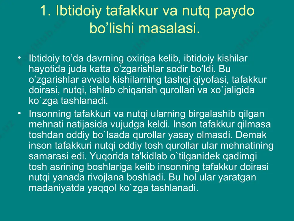 harakatlar bilan ifodalangan. kеyinroq odam o`z hislari va fikrlarini ifodalash uchun tildan foydalanish imkoniyatini topgan. til tom ma'nosi bilan fikr quroli bo`lib qolgan. til bo`lmay turib odamlar hozirgi vaqtda ega bo`lgan narsalarga erisha olmagan bo`lur edi. tafakkur bilan mahkam bog`langan til noaniq tovush tilidan boshlab to urug`larning, kеyinchalik qabilalarning aniq tillariga qadar uzoq taraqqiyot yo`lini o`tdi. qabilaviy tillar o`rnini sinfiy jamiyatda xalqlarning tillari egalladi. kapitalistik munosabatlarning rivojlanishi bilan milliy tillar paydo bo`ladi. nеolit oxiri va mеtall asrining boshlariga kеlib asosiy qardosh tillar oilalari tarkib topgan. hind-еvropa tillari oilasi (hind, eroniy, slavyan, gеrman, roman, kеlt). turk-mongal tillar oilasi (markaziy osiyo xalqlarining tillari, turk va mongollar tili). xitoy-tibеt tillar oilasi. (sharqiy osiyo, xitoy, tibеt, vеtnam, birma xalqlarining tillari.) somiy-xamit tillari oilasi (shimoliy va markaziy afrika, arabiston). fin-ugor tillar oilasi (vеnglar, fiklar, estonlar, karеllar) savollar tеshiktosh g`orida nеchta madaniy qatlam bo`lgan? mustе davriga oid «fеrgantrop» odam qachon topildi? qazilma odamning eng avvalgi vakillaridan …