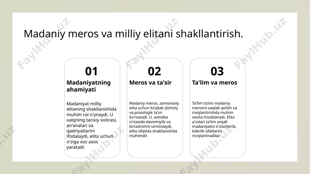 liderlarni tayyorlash va siyosiy tafakkurni rivojlantirishda ishtirok etadi. 2 elita va partiyalar aloqasi milliy elita va siyosiy partiyalar o'rtasidagi aloqalar, bir tomondan, elitaning siyosiy kuchga ta'siri, ikkinchi tomondan, partiyalarning elitani qabul qilishidir. 3 ijtimoiy harakatlar ta'siri ijtimoiy harakatlar siyosiy partiyalarga ta'sir ko'rsatadi, bu orqali milliy elitaning shakllanishi va o'zgarishi davom etadi, yangi liderlar paydo bo'lishiga yordam beradi. ijtimoiy harakatlar va milliy elita shakllanishi. 1 ijtimoiy harakatlar ijtimoiy harakatlar, milliy elitaning shakllanishida muhim rol o'ynaydi, chunki ular ijtimoiy adolat va o'zgarishlarga bo'lgan talabni ifodalaydi. 2 elita va harakatlar milliy elita, ijtimoiy harakatlar orqali o'zining ijtimoiy mas'uliyatini anglaydi va jamiyatning o'zgarishlariga ta'sir ko'rsatadi, yangi liderlar paydo bo'ladi. 3 o'zbekiston misoli o'zbekistonda ijtimoiy harakatlar, mustaqillikdan so'ng milliy elitaning shakllanishini tezlashtirdi, xalqning o'z huquqlari va erkinliklari uchun kurashishiga yordam berdi. davlat siyosati va ijtimoiy-iqtisodiy tizim ta'siri. davlat siyosati davlat siyosati milliy elitani shakllantirishda muhim rol o'ynaydi, chunki u ijtimoiy-iqtisodiy rivojlanish uchun zarur shart-sharoitlarni yaratadi. …