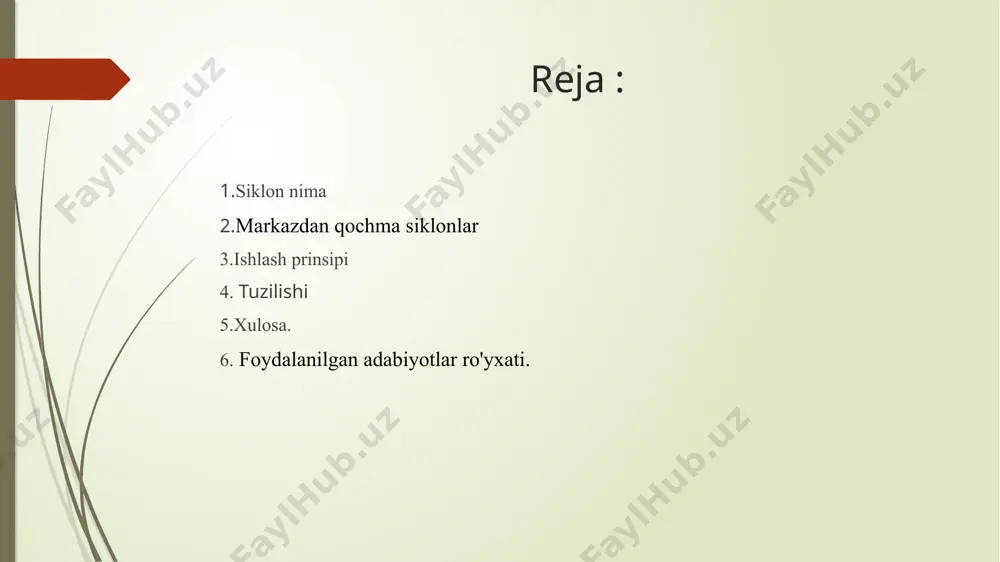 ik bosim, pa; p – muhit zichligi, kg/m3 . ishlash prinsipi siklon ichiga yuqori tezlikda gaz yoki suyuqlik kiradi. siklon ajratgichlarining dizayni odatda asosiy silindrsimon diametri (dc) asosida belgilanadi. boshqa o‘lchamlar dm ga nisbatan quyidagi proporsiyalarda aniqlanadi ajratish samaradorligini baholashda stokes soni (stk) ishlatiladi: pp- zarracha zichligi dp- zarracha diametri v- gaz oqimi tezligi μ- gaz viskozligi dc- siklon diametri siklon haqida malumot kirish tezligi: 12–25 m/s oralig‘ida bo‘lishi tavsiya etiladi. zarrachalar o‘lchami: 5 mikrondan katta zarrachalar samarali ajratiladi. gaz zichligi: 1.2 kg/m³ (havo uchun) gaz viskozligi: 1.8 × 10⁻⁵ pa·s (havo uchun) ajratish samaradorligi quyidagi formuladan foydalanib hisoblanadi: bu yerda: stk: zarracha uchun hisoblangan stokes soni stk₅₀: 50% ajratish samaradorligiga mos keluvchi stokes soni n: empirik koeffitsient (odatda 2–3 oralig‘ida) yupqa mahsulotning cho‘kish maydonini hisoblash tutib olinadigan zarralarning eng kichigi bo‘yicha keltiriladi. mo‘ljallangan formulada siklonlar (havoni yoki gazni har xil qattiq jismlardan tozalaydigan apparat) uchun formulalardan farqli ravishda havoning …