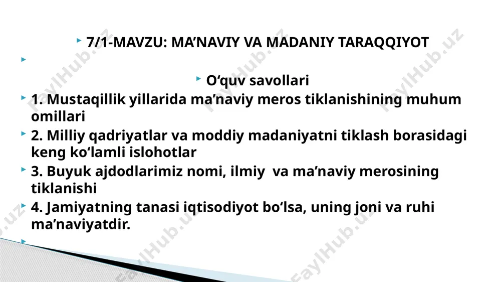 arning nomlari tiklanib asarlari chop etildi.barkamol avlodni tarbiyalashdagi katta hizmatlarni hisobga olib adabiyotning ilg’or namoyandalari abdulla oripov,said ahmad, erkin vohidov, qaipbergen to’lepbergenov, ibroxim yusupovlar o’zbekiston qaxramoni unvoniga sazovor bo’ldilar. 1991-yili buyuk alloma, g’azal mulkning sultoni alisher navoiy yubileyini o’tkazish katta ahamiyatga molik voqea bo’ldi. bu tantanaga bag’ishlanib respublikamizda shoirning asarlari nashrdan chiqarildi. 1994-yil mirzo ulubek tavallud topgan kunining 600 yilligi keng ko’lamda, jahon miqyosida nishonlandi. yunesko ning parijdagi qarorgohida yubileyga bag’ishlangan haftalik o’tdi. 2017 yil 28 iyuldagi o’zbekiston respublikasi prezidenti shavkat mirziyoev tomonidan ma’naviy-ma’rifiy ishlar samaradorligini oshirish va sohani rivojlantirishni yangi bosqichga ko’tarish to’g’risida qarori bu sohada tub burilish yasadi. mamlakatimizda jamiyat hayotining ma’naviy-ma’rifiy asoslarini mustahkamlash, milliy istiqlol g’oyasining asosiy tushuncha va tamoyillarini hayotga joriy etish, yurtdoshlarimiz, ayniqsa, yosh avlod qalbida vatanimiz taqdiri va kelajagi uchun daxldorlik va mas’uliyat hissini oshirish, yot g’oyalarga qarshi mafkuraviy immunitetni kuchaytirishga yo’naltirilgan targ’ibot tizimi shakllandi. bu jarayonda respublika ma’naviyat targ’ibot markazi, uning joylardagi tuzilmalari …