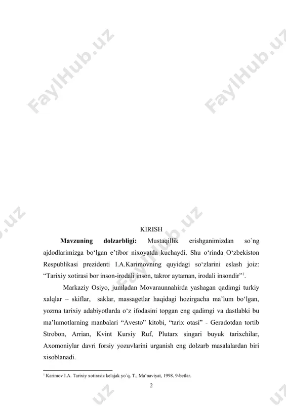 li jamiyatsari». t., 1998, 39—40-betlar ] geradot hamda ba’zi yunon tarixchilari asarlarining asosiy yo‘nalishlarini yunonlar va qo‘shni xalqlar kurashi tashkil etadi. binobarin, ularda katta tarixiy haqiqat bilan bir qatorda, ong oqimi tarzidagi ayrim, juz’iy manfaatli nuqtai nazarlar ham bo‘lishi tabiy xol biz ishimizda ushbu fikirlarni taxlil qilishga xarakat qildik. mavzuning o‘rganilganlik darajasi: hozirgi kunda o‘zbekistonning o‘tmish tarixini mukammal o‘rganishga bo‘lgan qiziqish oshib bormoqda. qadimgi tarixning yoritilish jarayoni o‘tmish manbalari, arxeologiyaga oid ashyolar va yozma ma’lumotlar bilan uzviy bog‘lanadi. moddiy manbalar, ibtidoiy makonlar, qishloq va shahar xarobalari o‘lkamizning turli joylarida chuqur o‘rganilgan. yurtimiz qadimgi tarixini yoritish jarayoniga bugungi kunda antik davir tarixchilari asarlari nixoyatda qiziqarli mavzulardan xisoblanadi. chunki bu davr madaniyati merosi o‘zidan keyingi tuzumlarga juda katta o‘rnak bo‘larli va unga yaqinlashgan har bir kimsa, har bir davlatga chin ma’nodagi foyda konini qoldiradi. bu ma’noni maydalab, har bir sohada sinchiklab sanab chiqishi va ko‘rsatish mumkin. o‘zbekiston, umuman markaziy osiyo tarixiga oid …