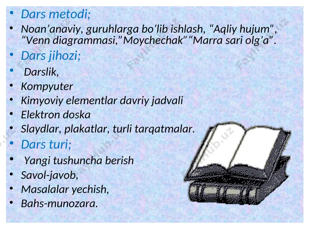 [ne] 2s1 2.ishqoriy metallar ichida radioakt elementni toping? a) natriy b) kaliy c) fransiy d) seziy 3. ochiq havoda o’z-o’zidan alangalanib ketadigan ishqoriy metallarni ko’sating? a)k va rb b) na va cs c) li va cs d) rb va cs 4.shiddatli ravishda kislorod ajralib chiqish reaksiyasiyasini ko’rsating? a) 2ko3 -> 2ko2+o b) 4ko3 +2h2o->4koh+5o2 c) 2ko2+2h +->2k ++h2o2+o2 d) 4koh+4o3 ->4ko3+o2+h2o 5.sivinit tarkibidagi k va na ning massa ulushini topin a) k-29,3% va na-17,3% b) k-29,5% va na-17,5% c) k-25,5% va na-35,5% d) k-27,7% va na-37,7% qisqa nazorat javoblari. 1.qaysi elektron konfiguratsiya litiyga tegishli? a) [ar] 2s1 b) [he] 2s1 c) [ne] 2s2 d) [ne] 2s1 2.ishqoriy metallar ichida radioakt elementni toping? a) natriy b) kaliy c) fransiy d) seziy 3. ochiq havoda o’z-o’zidan alangalanib ketadigan ishqoriy metallarni ko’sating? a)k va rb b) na va cs c) li va cs d) rb va cs 4.shiddatli ravishda kislorod ajralib chiqish reaksiyasiyasini …
