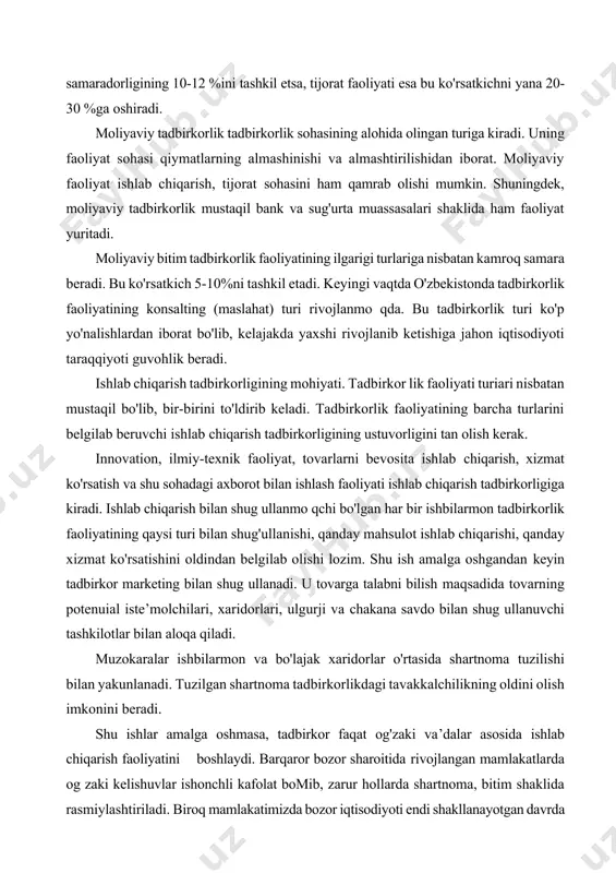 kafolati past va tavakkalchilik kuchlidir. tadbirkorlik faoliyatining keyingi bosqichi ishlab chiqarish omillarinisotibolishyokiijaragaolishdir. ishlab chiqarish omillari. ma’lumki, ishlab chiqarish omillari ishlab chiqarish fondlari, ishchi kuchi, axborotdan iborat. ishlab chiqarish fondlari o'z navbatida asosiy va aylanma ishlab chiqarish fondlariga bo'linadi. asosiy ishlab chiqarish fondlari (mehnat qurollari) inshootlar, uzatuvchi moslamalar, quwatli mashina va jihozlar, ishchi mashina va jihozlar, o'lchov uskunalari, laboratoriya jihozlari, hisoblash texnikasi, transport vositalari, ishlab chiqarish inventarlari va boshqa asbob-uskunalardan iborat. asosiy ishlab chiqarish fondlariga sex zavod va laboratoriya binolari kiradi. korxona hududi atrofidagi devorlar, ko'priklar, neft quduqlari, кo-mir koni qatlamlari va shunga o'xshash boshqa qurilmalar inshoot jumlasiga kiradi. uzatuvchi moslamalarga quwatli kabellar, elektr uzatkich liniyalari, turli uzatkich quvurlari, neftb va gaz uzatkich quvurlari kiradi. quwatli mashinalarga turli dvigatellar, turbinalar, bug' qozonlari va boshqalar kiradi. asosiy ishlab chiqarish fondlarining muhim dementi ishchi mashina va uskunalar hisoblanadi. ularga yordamchi uexlarning barcha texnologik moslamalari, mashina va uskunalari kiradi. asosiy fondlarning bu qismi shartli …