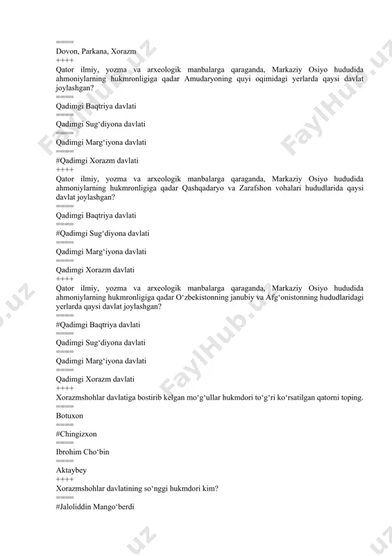 nligi, buxoro amirligi, qarshi amirligi ==== #xiva xonligi, qo‘qon xonligi, buxoro amirligi ==== farg‘ona xonligi, buxoro amirligi, xorazm xonligi ++++ rossiya imperiyasi qo‘shinlari qo‘qon xonligini nechanchi yilda egallagan? ==== 1849 yilda ==== #1865 yilda ==== 1821 yilda ==== 1851 yilda ++++ rossiya imperiyasi qo‘shinlari buxoro amirligini nechanchi yilda egallagan? ==== #1868 yilda ==== 1810 yilda ==== 1835 yilda ==== 1853 yilda ++++ rossiya imperiyasi qo‘shinlari xiva xonligini nechanchi yilda egallagan? ==== 1866 yilda ==== 1811 yilda ==== 1846 yilda ==== #1873 yilda ++++ stalincha qatag‘on yillarida o‘zbekistonda 1937-39-yillarning o‘zida qancha kishi qamoqqa olindi? ==== #41 ming kishi ==== 53 ming kishi ==== 68 ming kishi ==== 72 ming kishi ++++ stalincha qatag‘on yillarida o‘zbekistonda 1937-39-yillarda qancha kishi otib tashlandi? ==== 9830 kishi ==== 7310 kishi ==== #6920 kishi ==== 8680 kishi ++++ paxta ishi bahonasida o‘zbekistonda qatag‘onliklarning yangi to‘lqini nechanchi yillarda bo‘lib o‘tdi? ==== 1971-1988 yillarda ==== #1983-1989 yillarda ==== …