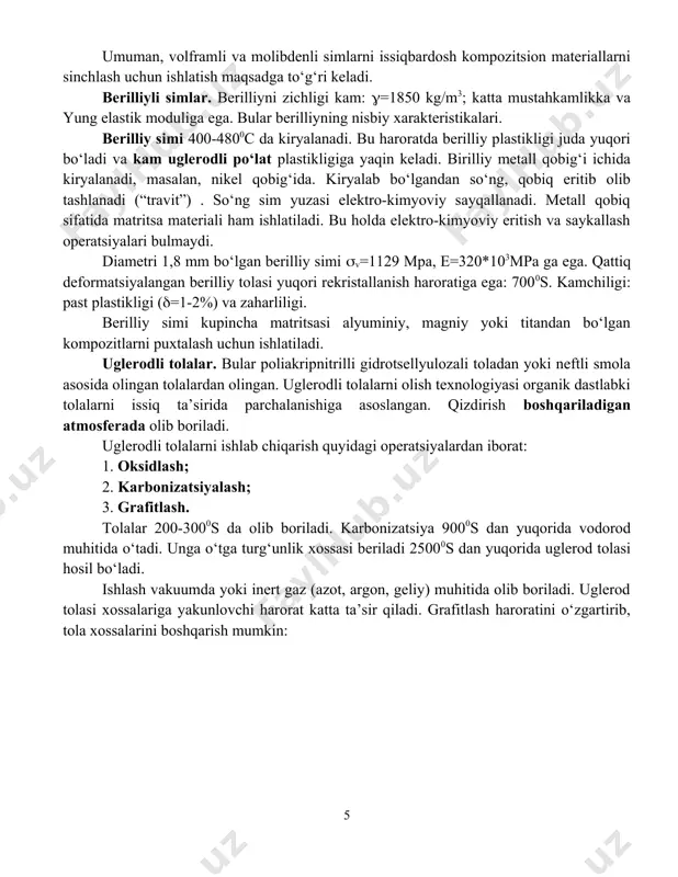 0s da olib boriladi. karbonizatsiya 9000s dan yuqorida vodorod muhitida o‘tadi. unga o‘tga turg‘unlik xossasi beriladi 25000s dan yuqorida uglerod tolasi hosil bo‘ladi. ishlash vakuumda yoki inert gaz (azot, argon, geliy) muhitida olib boriladi. uglerod tolasi xossalariga yakunlovchi harorat katta ta’sir qiladi. grafitlash haroratini o‘zgartirib, tola xossalarini boshqarish mumkin: rasm uglerodli tolalar xossalariga grafitizatsiya qilish haroratini ta’siri uglerodli tolalar strukturasi lentasimon kondensirovkalash uglerod qatlamlari tizimidan iborat. bu geksoganal strukturali, nomi mikrofibrillalar. bir xil yunaltirilgan mikrofibrillar gruppasi fibrillalarni tashkil qiladi. bunda mikrofibrillar bir-birlaridan tor tirkishlar bilan ajralib turadi. rasm uglerodli tolalar qurilishini sxemasi: a - umumiy ko‘rinish; b – fibrillarning uzunasiga kesimi; v – mikrofibrillani ko‘ndalang kesimi; la va lc – mikrofibrillani ko‘ndalang o‘lchamlari fibrillalarning o‘zaro joylanishi, ularni “orientatsiya” darajasi dastlabki xom-ashyoga bog‘liq: tolaning cho‘zilish darajasiga, makromolekula tarkibiga, tola olish texnologiyasiga. shuning uchun har xil dastlabki materiallardan olingan tolalarning puxtalik va bikirlik xossalarining bir-biriga nisbati har xil, puxtalik xossalari ham har …