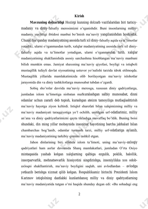 bog’lanib, odamlar turmush tarzi, milliy urf-odatlariga aylanib, ma’naviy madaniyatining tarkibiy qismini tashkil etgan. jahon dinlarining biri sifatida islom ta’limoti, uning ma’naviy-axloqiy qadriyatlari ham asrlar davomida sharq mamlakatlari, jumladan o’rta osiyo mintaqasida yashab kelgan xalqlarning qalbiga ezgulik, poklik, halollik, insorparvarlik, mehnatsevarlik hissiyotini singdirishga, insoniylikka xos odob- axloqni shakllantirish, ma’naviy boyligini saqlab, uni avlodlardan – avlodga yetkazib berishga xizmat qilib kelgan. respublikamiz birinchi prezidenti islom karimov istiqlolning dastlabki kunlaridanoq milliy va diniy qadriyatlarning ma’naviy madaniyatida tutgan o’rni haqida shunday degan edi: «bu sohadagi eng 3 asosiy vazifamiz – milliy qadriyatlarimizni tiklash, o’zligimizni anglash, milliy g’oya va mafkurani shakllantirish, muqaddas dinimizning ma’naviy hayotimizdagi o’rnini va hurmatini tiklash kabi, mustaqillik yillarida boshlangan ezgu ishlarimizni izchillik bilan davom ettirish, ularni yangi bosqichga ko’tarish va ta’sirchanligini kuchaytirishdir»1. darhaqiqat, mamlakatimizda istiqlol tufayli dinga e’tiqod qiluvchilarning huquqlari qonun asosida kafolatlangan. din mustaqililk ma’naviyatining tarkibiy qismiga aylangan bugungi kunda uning axloqiy qimmati yanada ortib borishi tabiiy. din, jumladan islom …