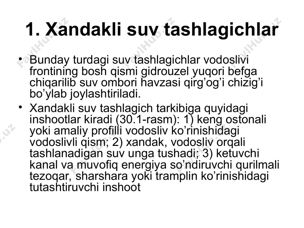 gi bo’yicha doimiy tezlikka ega bo’lgan xandakning gidravlik hisobi sxemalari: 1,2,3,4,5-uzunlik bo’yicha hisobiy kesim raqamlari xandakli suv qabul qilgichli tunnelli suv tashlagich: a-suv tashlagich plani va bo’ylama kesimi; b-quyilish qirrasidagi vodoslivning uch qismi